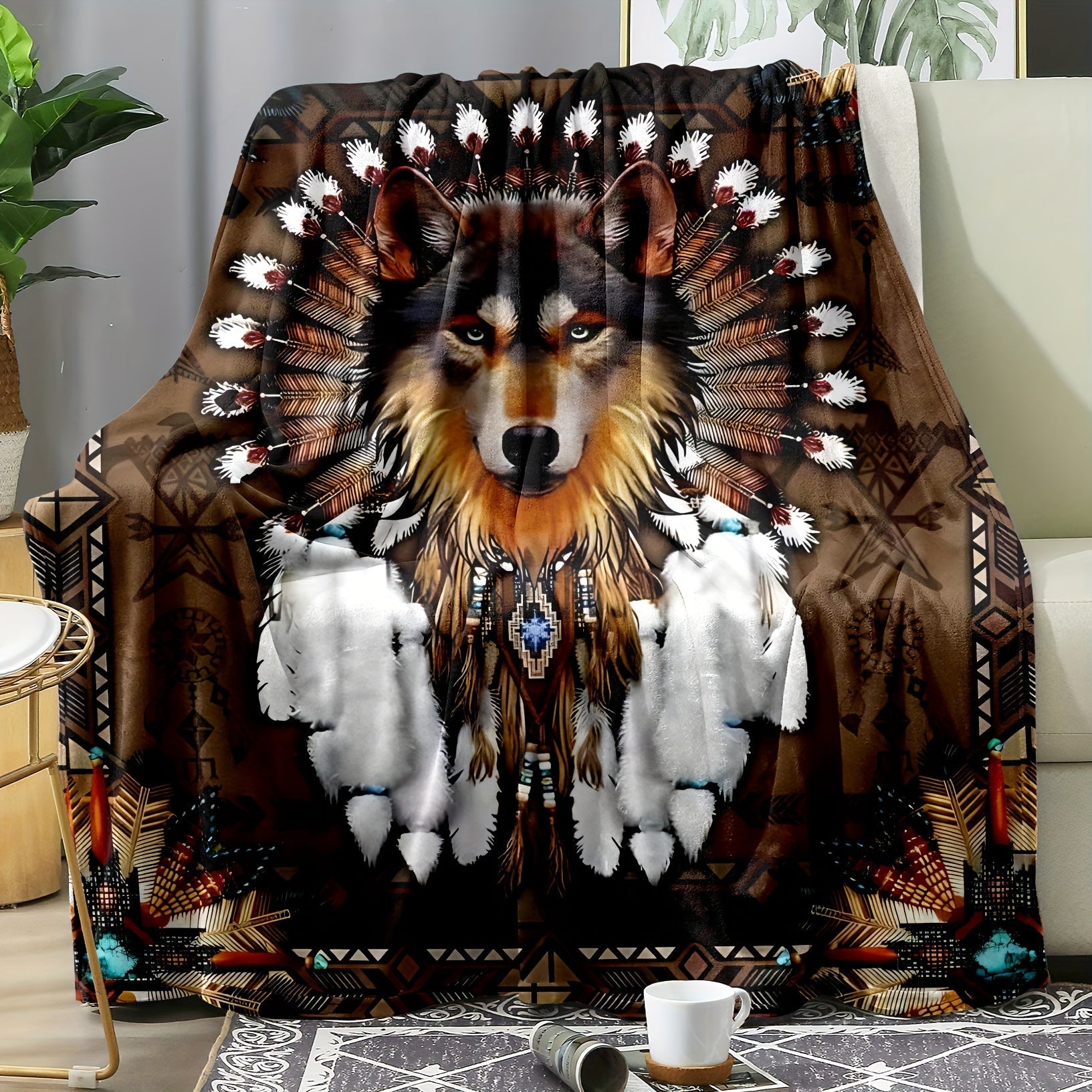 Wolf Head Print Flannel Throw Blanket Geometric Pattern All-Season Knitted Polyester for Home Office Camping