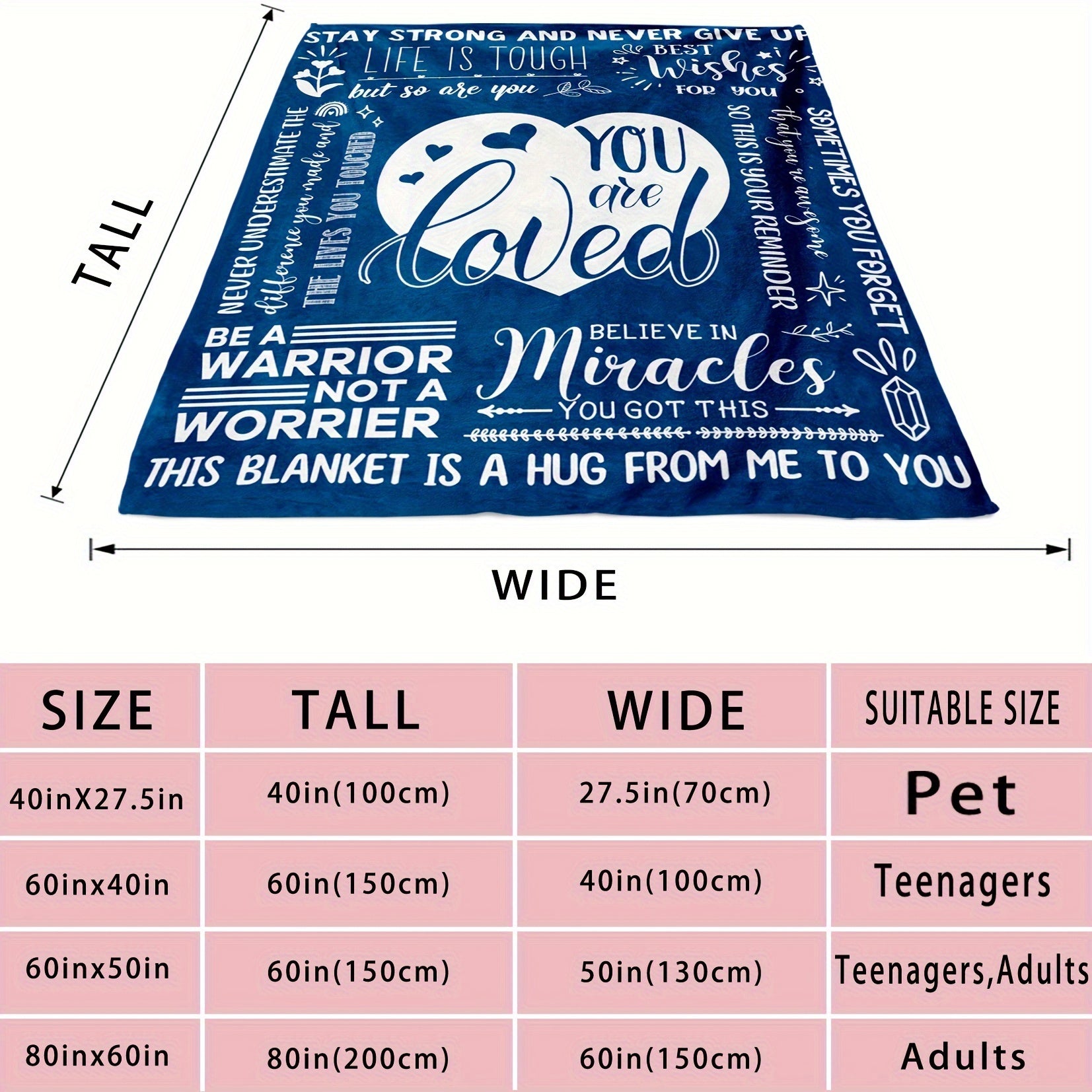 Qayta tiklanish va quchoqlash uchun rag'batlantiruvchi xabarlar bilan ko'k Flanel yostiqchasi