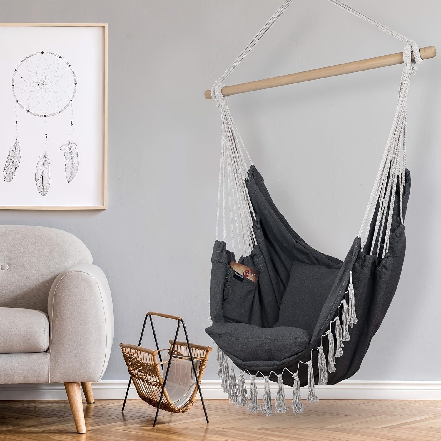 White Canvas Hammock with Tassels and Cushions for Indoor Outdoor Use Supports Up to 226.8 KG
