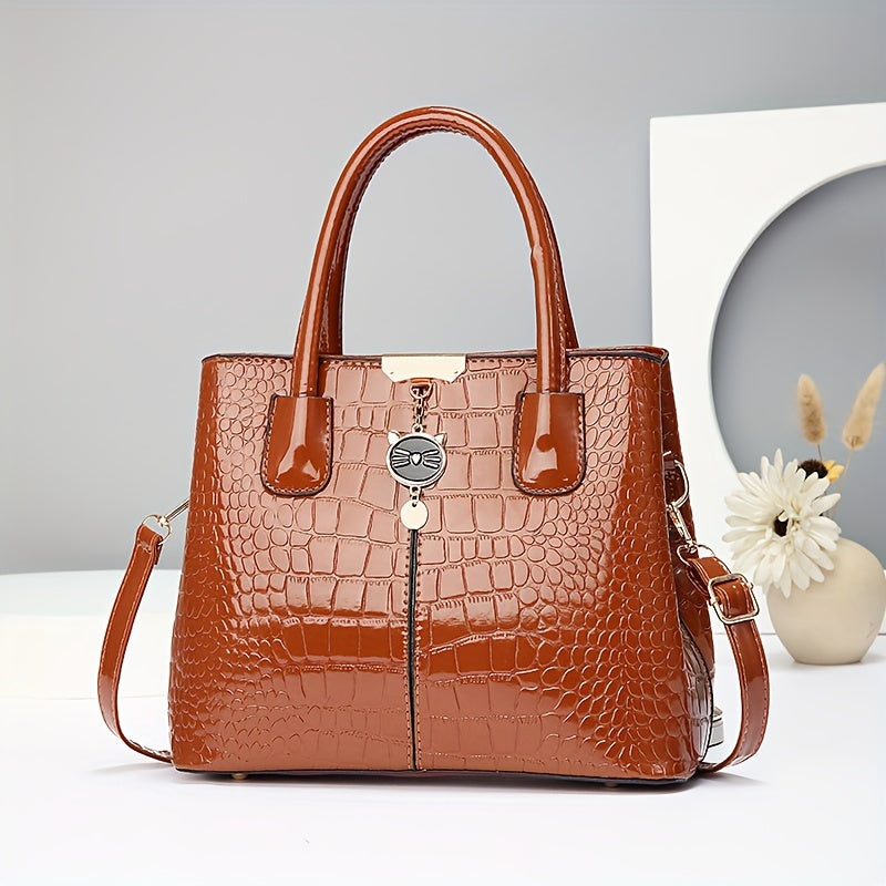 Women's Handbag Crocodile Pattern Large Capacity PU Shoulder Bag for Middle-Aged Mothers