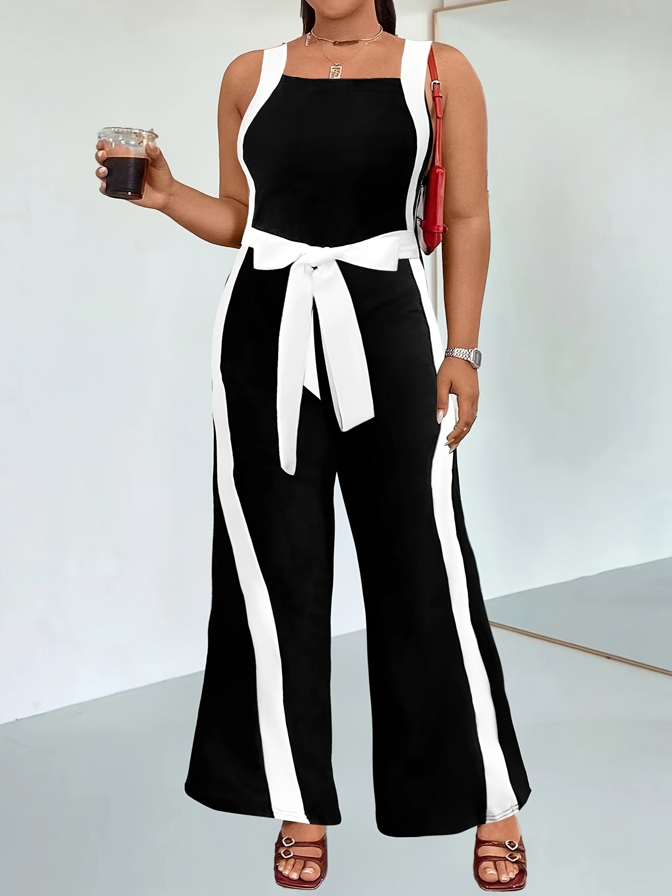 Women's Black Strapless Wide-Leg Jumpsuit with Bow, High-Waist, Plus Size