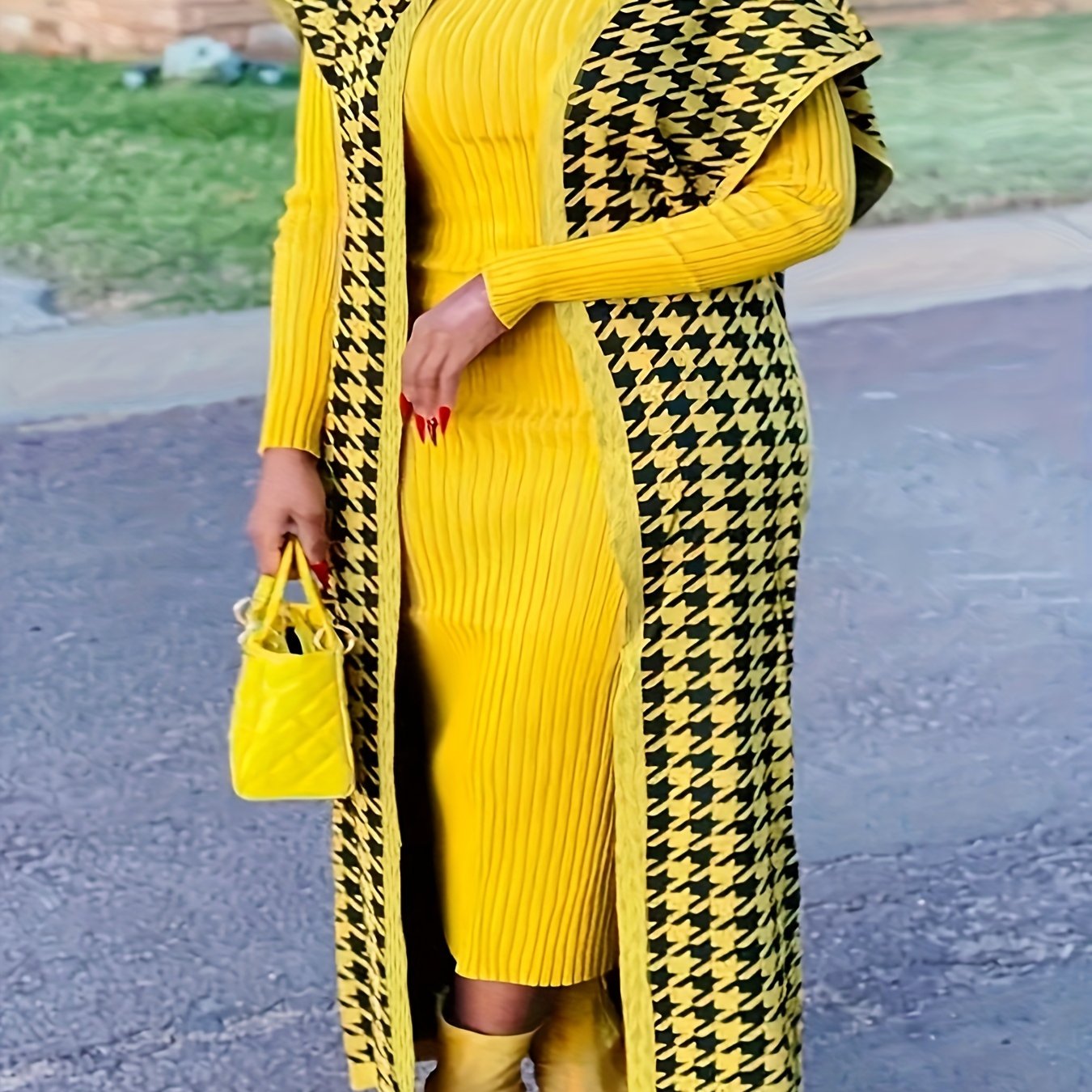 Plus o'lcham ayollar uchun Houndstooth rang-bloksiz bezakli bezakli sviter, kamyob sviter