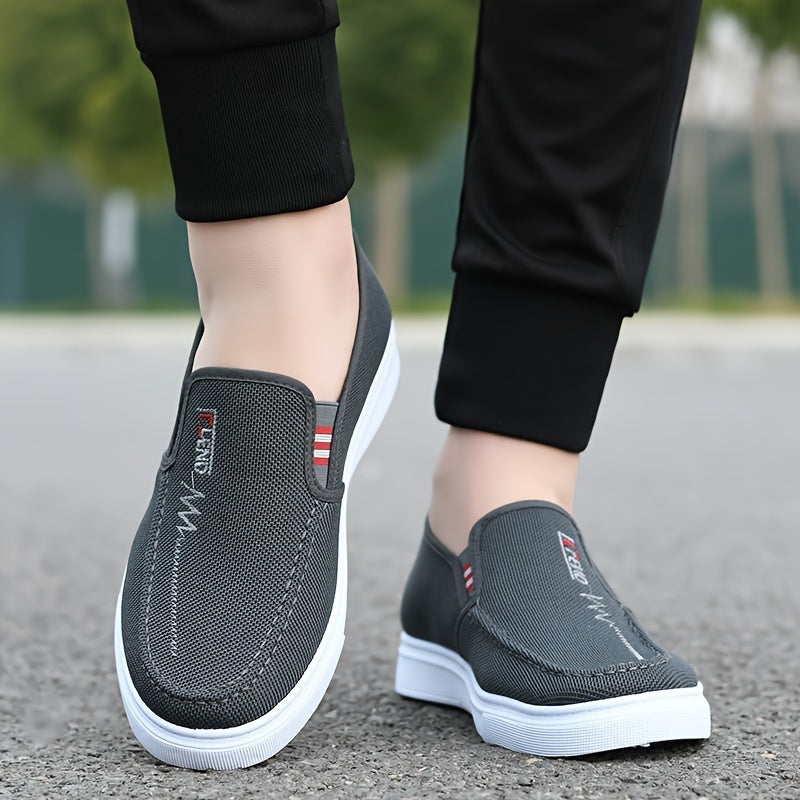 Mocasines de lona para hombre con slip-on, color sólido, suela de goma antideslizante, cómodos para caminar