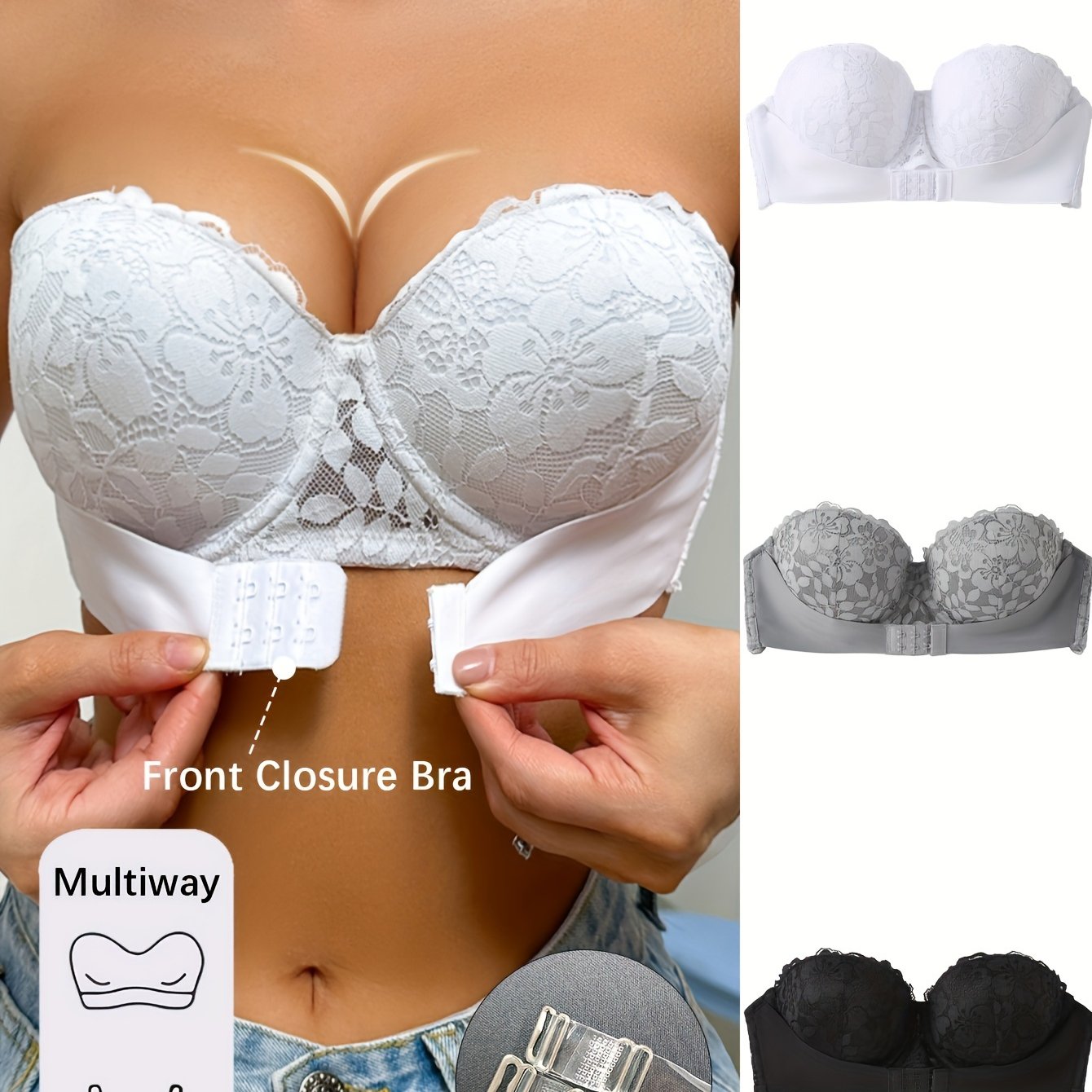 Women's Lace Strapless Push-Up Bras in White Gray Black with Front Closure