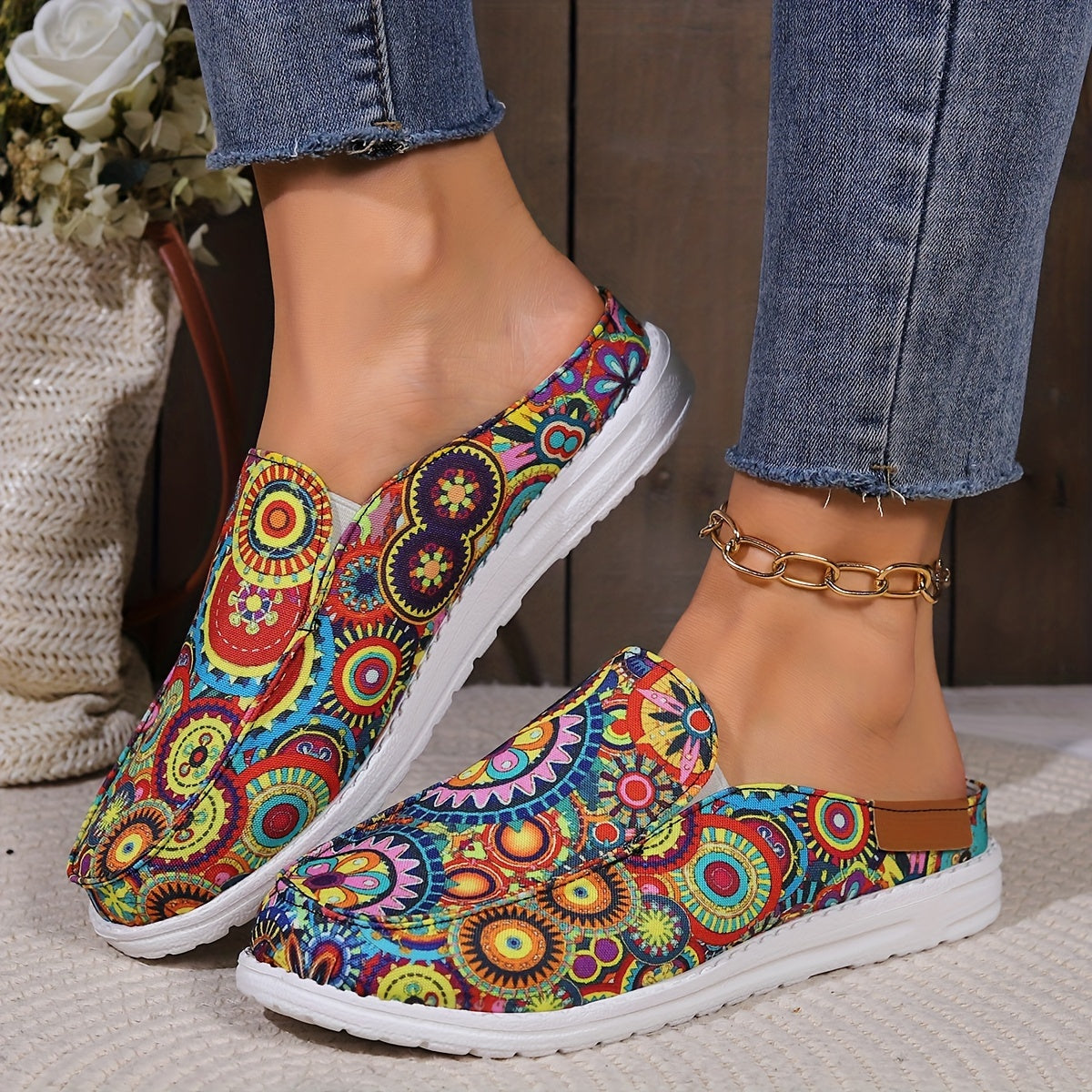 Women's Floral Print Flat Mules, Slip-On Loafers, Lightweight, Casual Shoes
