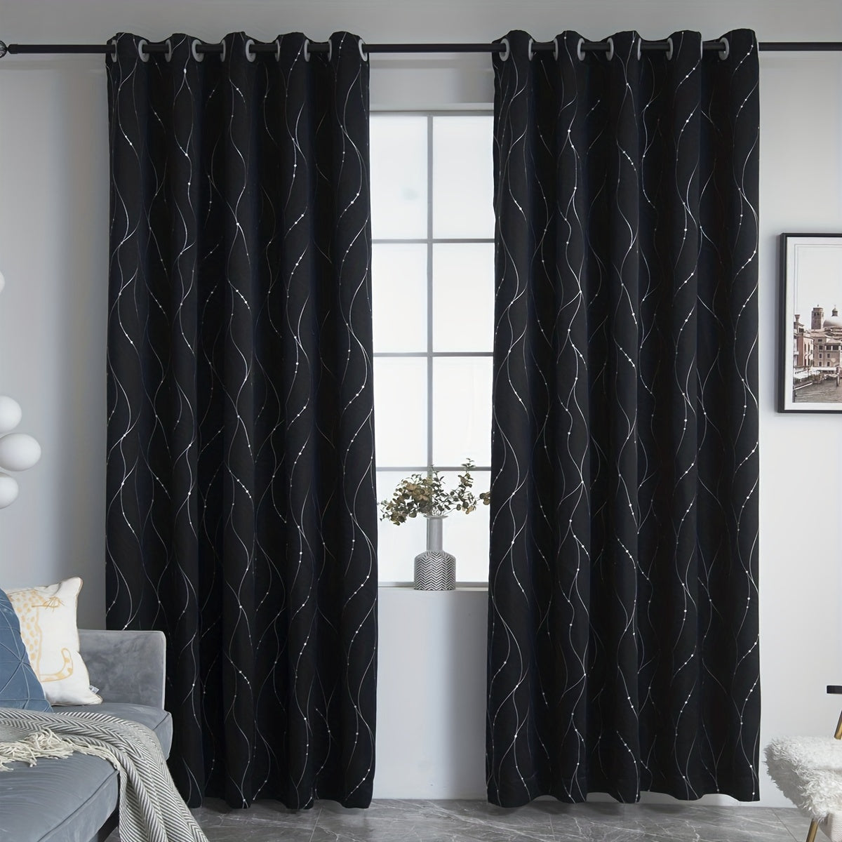 Blackout Curtain Elegant Silvery Wave Line Pattern Blackout Curtain for Living Room Bedroom Kitchen Bathroom