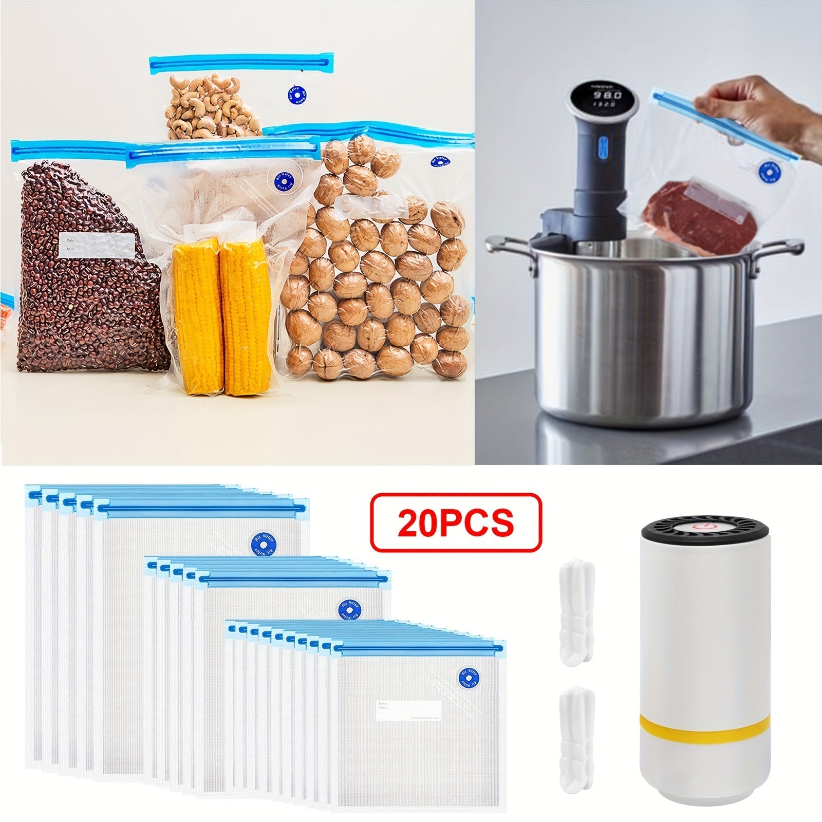 20pcs Food Vacuum Sealing Bags Set with Handheld Electric Vacuum Sealer