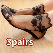 Women's Summer Lace Trim Short Socks Pack of 3 Polyester Knit Elegant Solid
