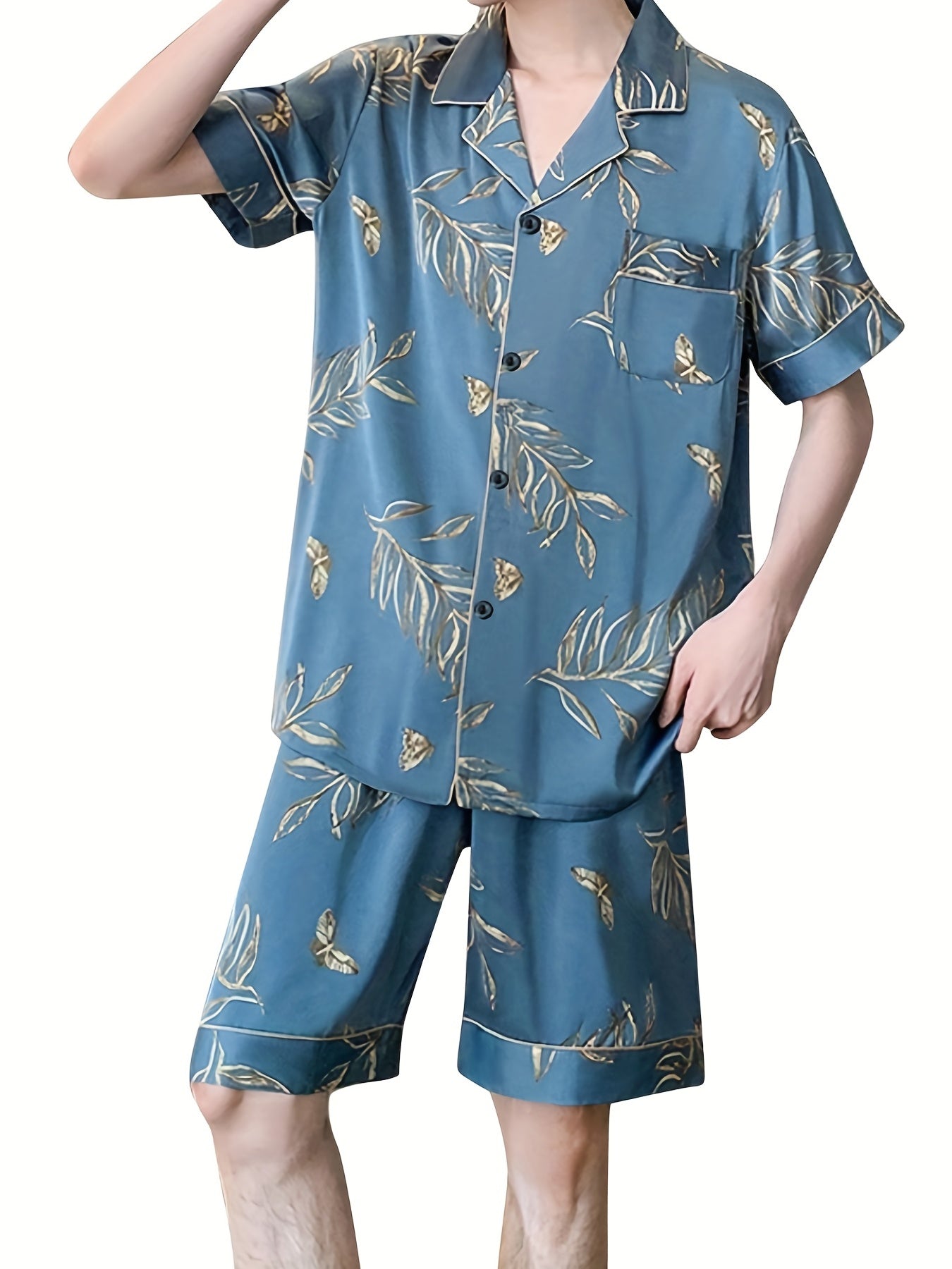 Men's Summer Floral Pajama Set Short Sleeve Lapel Collar Polyester Elastane Black