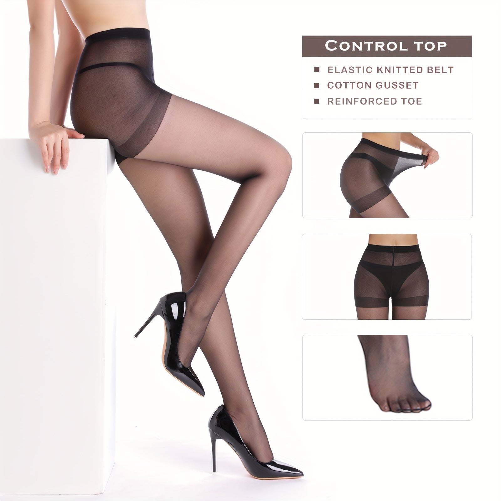 Women's Sheer Control Top Pantyhose 3 Pack High Waist Tummy Control Black Mesh Overlay