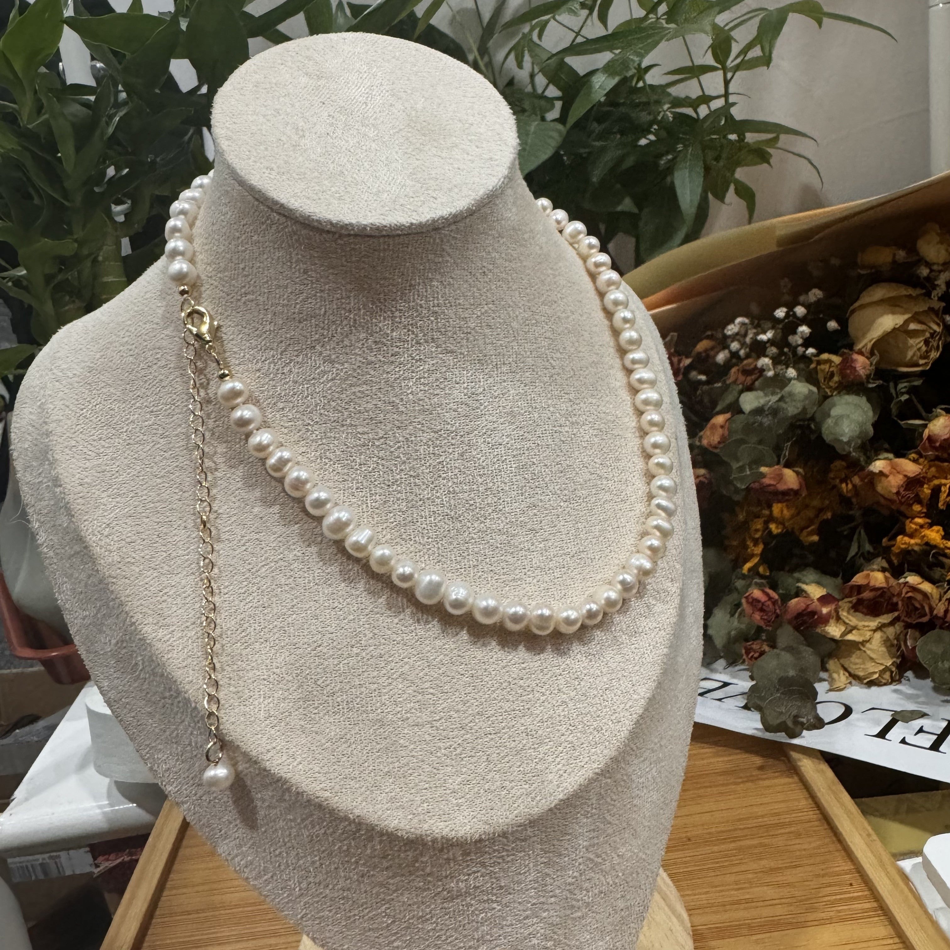 Sterling Silver Clavicle Necklace with Freshwater Pearl Adjustable Vintage Style for Women