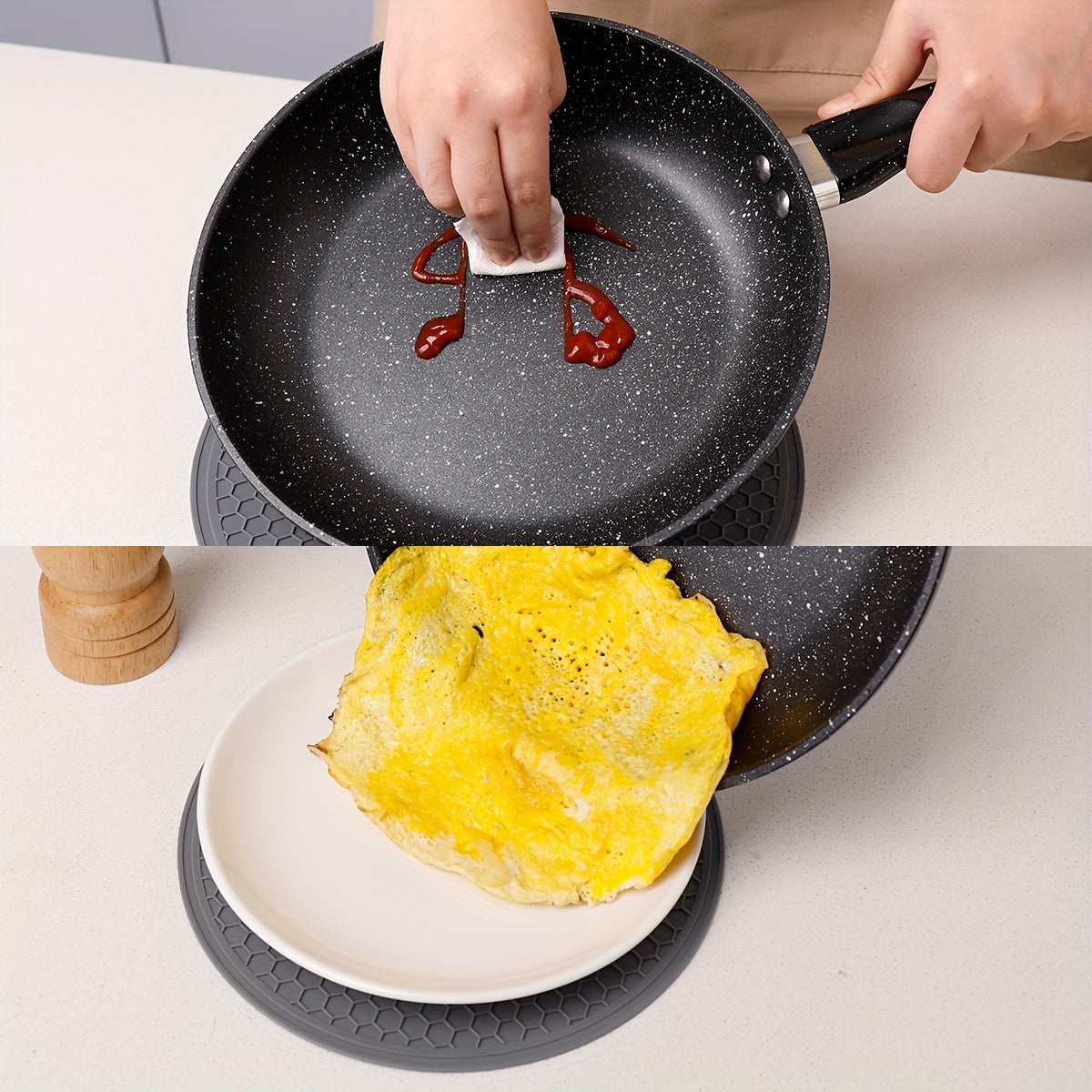 To'liq oshxona idishlari to'plami, jumladan, ikki quloqli katta sig'imli alyuminiy sho'rva qozoni, uzun tutqichli yopishqoq qovurish panasi, steak panasi, uyda ishlatiladigan sho'rva qoshiq, qovurish spatulasi va boshqa zarur pishirish aksessuarlar.