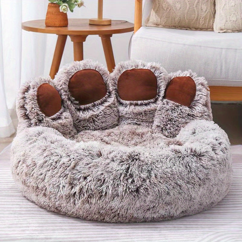 Pet Paw-Shaped Round Dog and Cat Bed Gray Faux Fur Non-Slip Small Medium