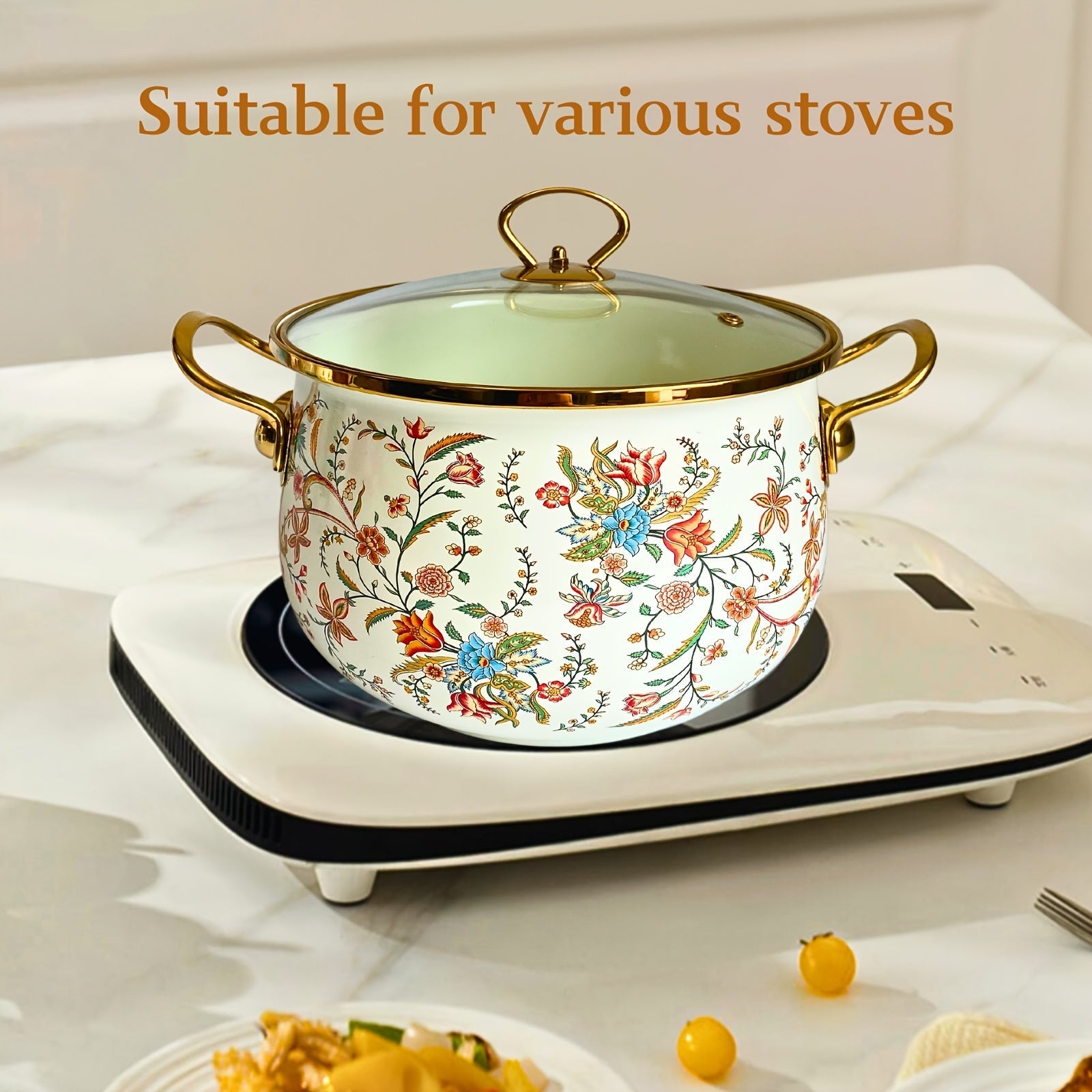 European Style Enameled Pot Set with Floral Design Non-Stick Coating Various Sizes