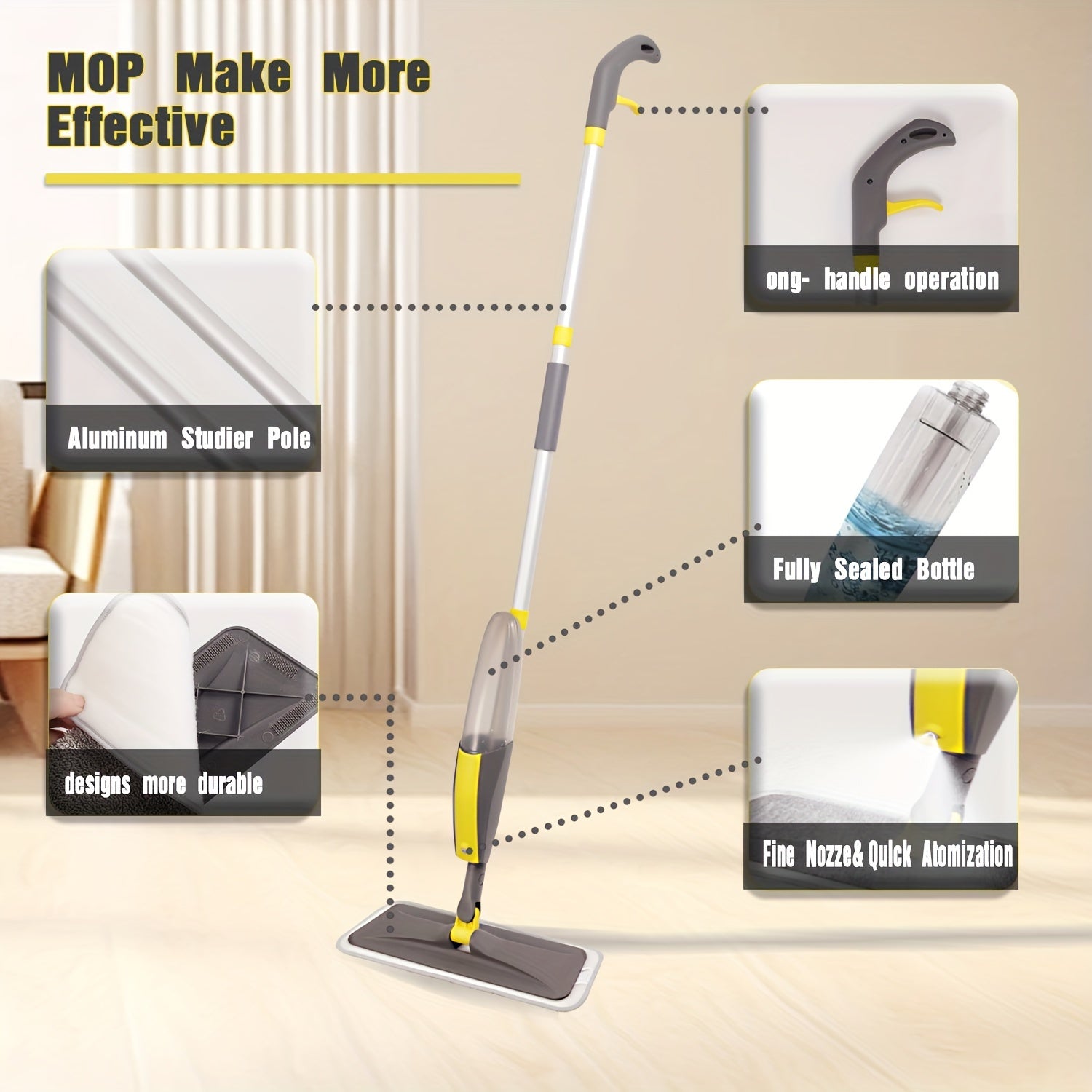 Mikrofiber chang'ich va ho'l spreyi mop, yog'och pol uchun, qayta ishlatiladigan yuviladigan padlar