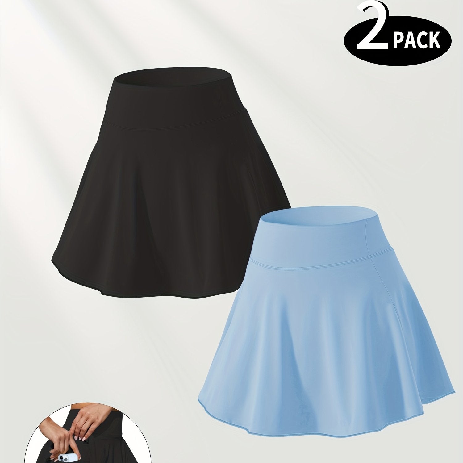 Falda deportiva de punto de poliéster con vuelo para mujer en verano, color sólido, con bolsillo lateral