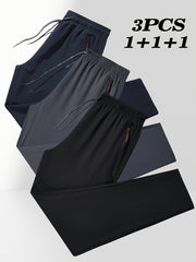 Pantalones jogger de poliéster azul marino y negro para hombre con bolsillos con cremallera, talla grande, primavera y verano