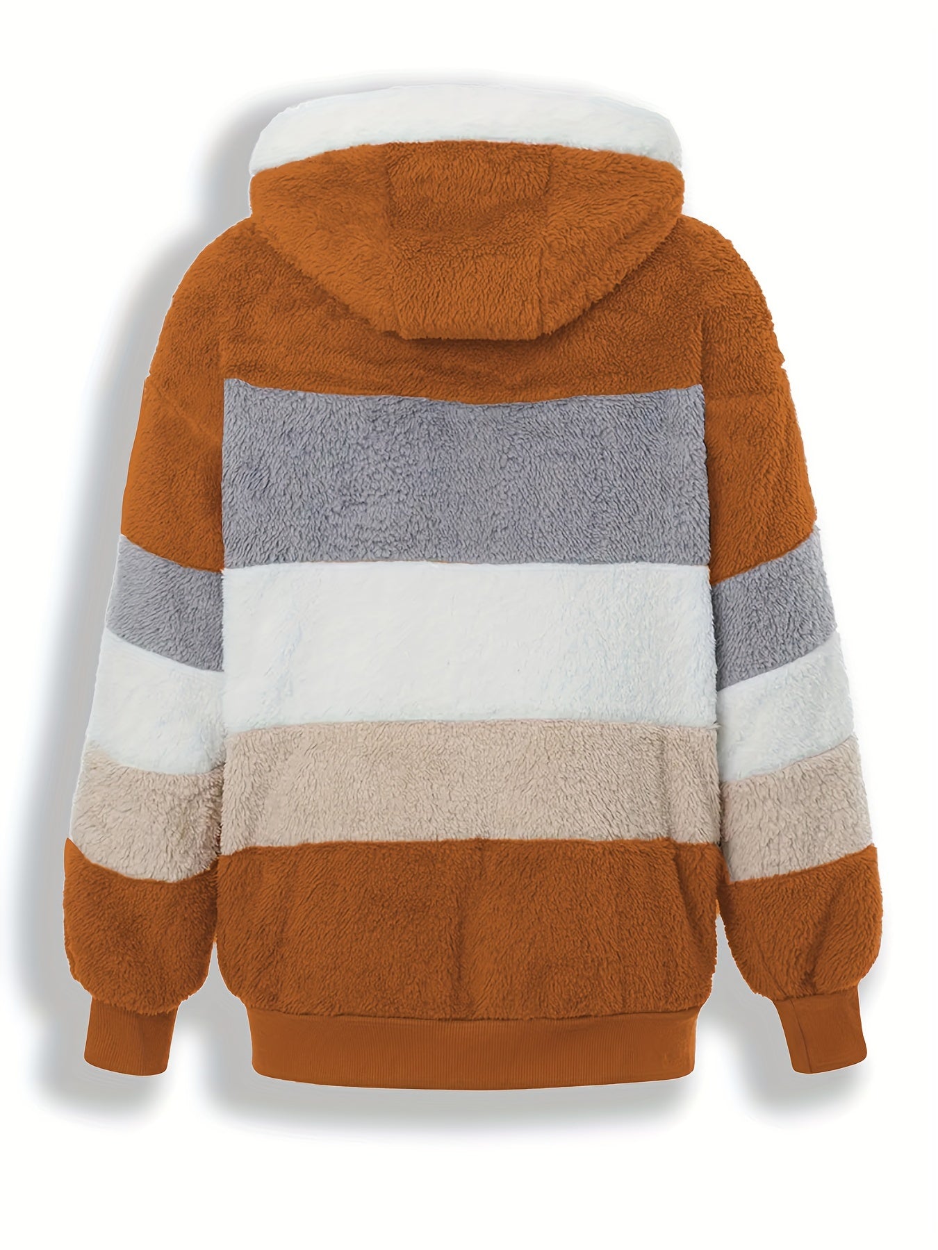 Jilovli cho'tka bilan to'q sariq va kulrang chiziqli ayollar uchun mo'ynali xuddi, cho'ntaklari bilan, iliq va qulay qish uslubi uchun yumshoq polyesterdan tayyorlangan.