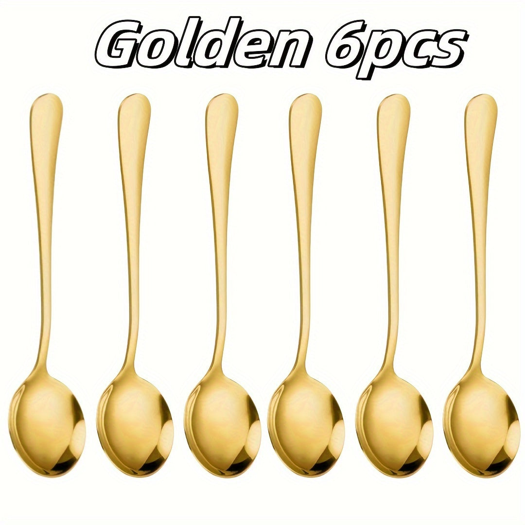 Set of 6 Long-Handled Stainless Steel Spoons for Coffee and Desserts in Multiple Colors