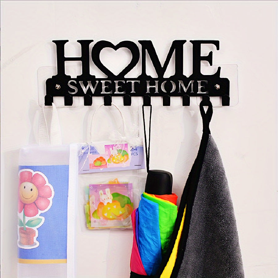 Black Metal Wall Hook Organizer with Decorative Hooks for Coats Hats and Entryway Storage