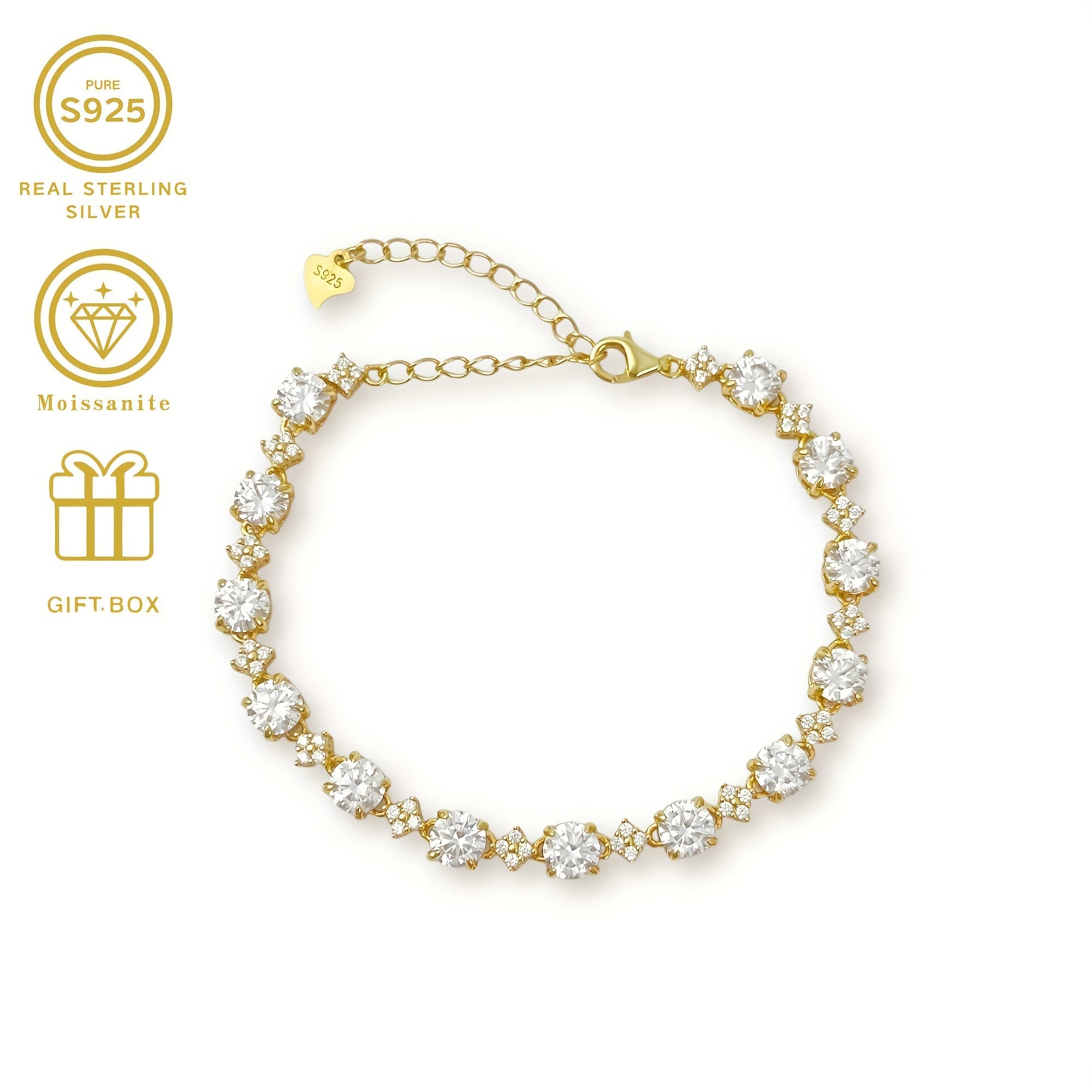 Silver Bracelet with Star-Shaped Moissanite 0.5ct and Gold Clasp for Women