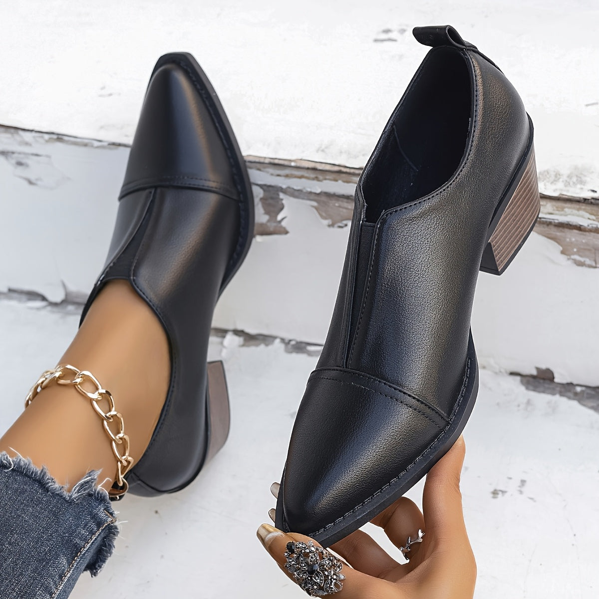 Women Black Pointed Toe Ankle Boots Slip-On Block Heel Casual All-Season
