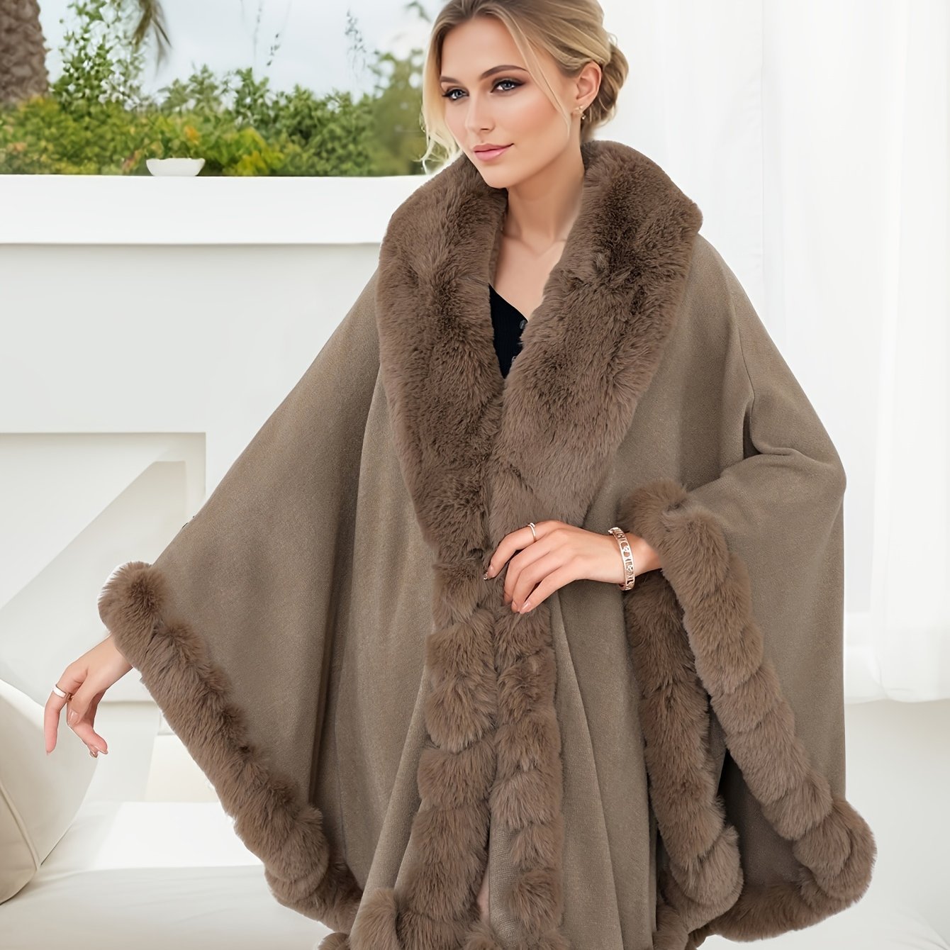 Plus Size Faux Fur Trim Cape for Women Fall Winter Open Front Shawl Solid Color