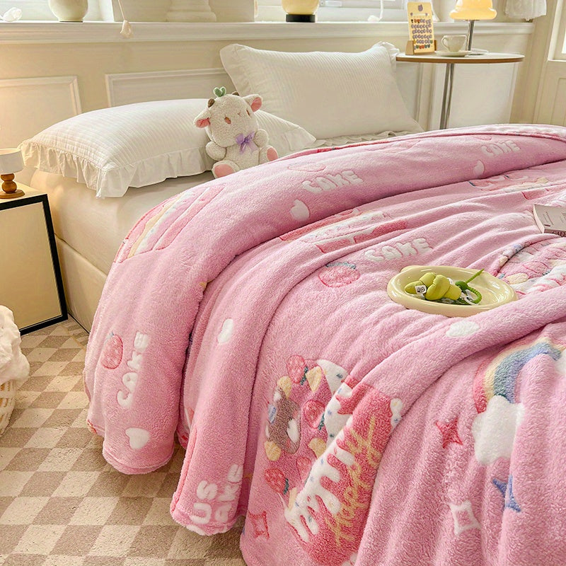 Warm Plush Throw Blanket with Birthday Cake Design, Rainbow and Strawberry Details