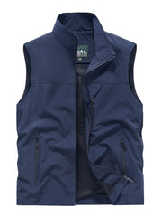 Men's Sleeveless Polyester Jacket with Zipper Pockets Stand Collar for Outdoor Activities