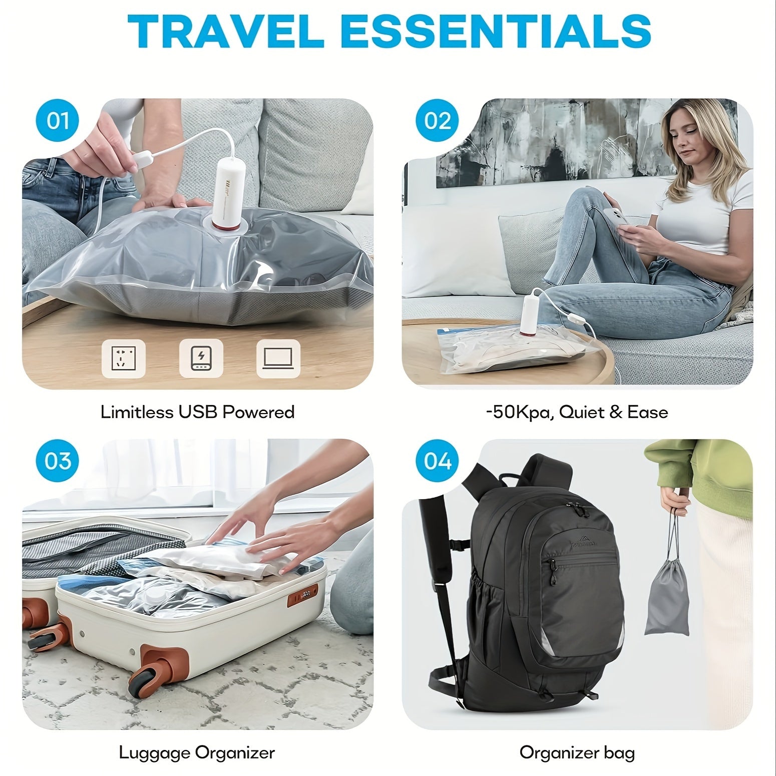 Portativ mini vakuum yopishtiruvchi, USB bilan quvvatlanadi, sayohat va uy uchun, kiyimlar va oziq-ovqatni yangi saqlaydi.