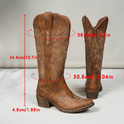 Women's Western Cowboy Boots Faux Cover Embossed Design Pointed Toe Mid-Heel