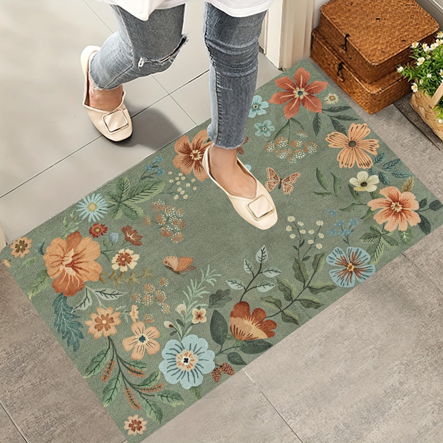 Durable Polyester Doormat with PVC Backing, Washable Floral Rug for Entryway and Living Room