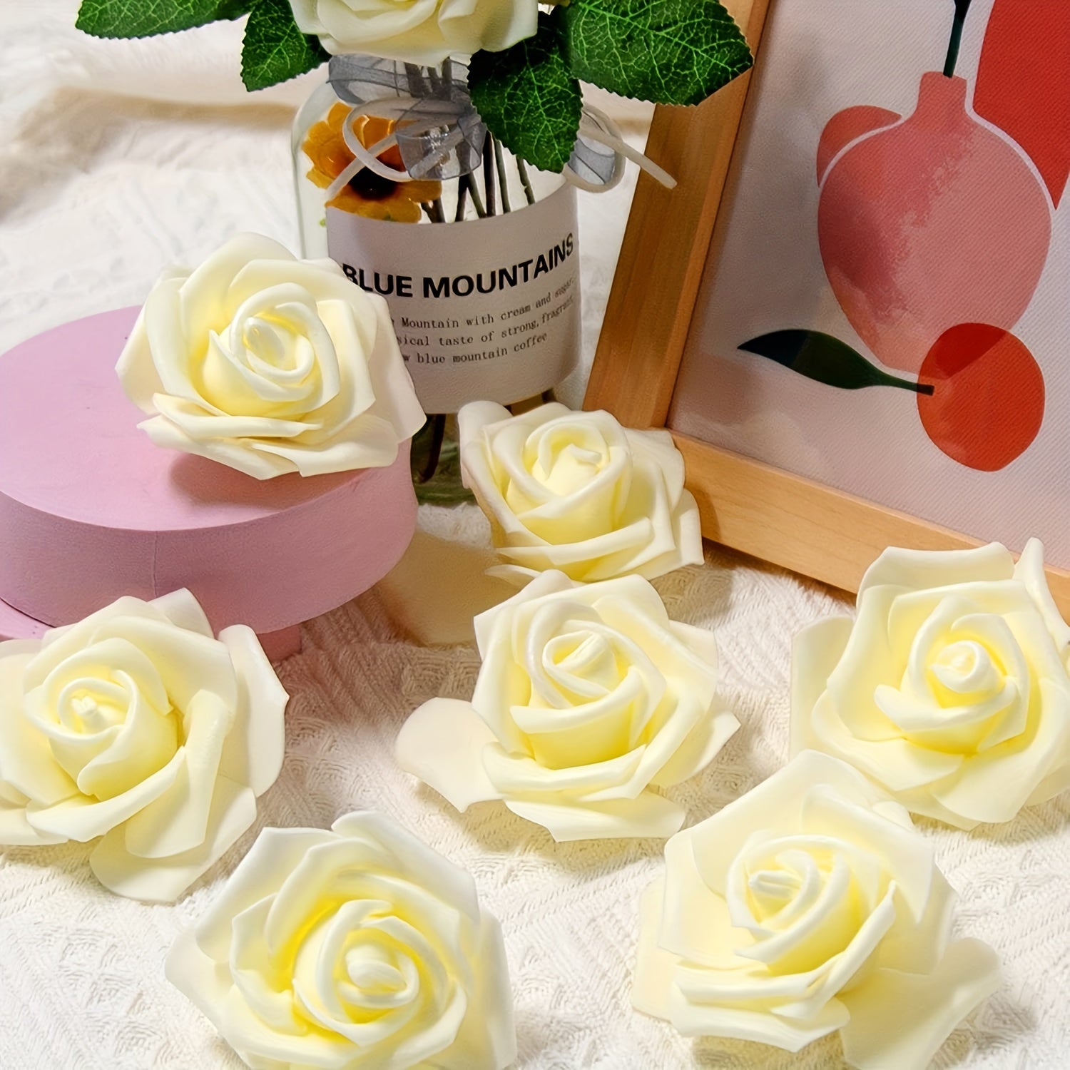 50 Pieces Artificial Foam Rose Flower Heads Ivory White for Wedding Party Home Decor