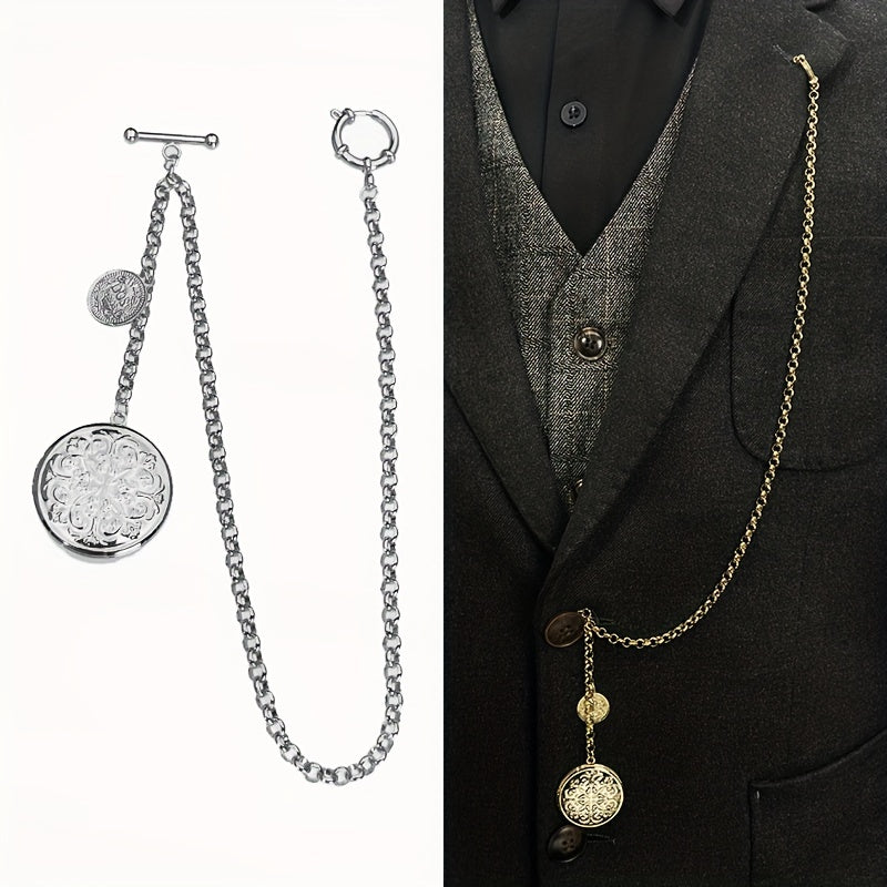 Men's Retro Vest Chain Brooch Set with Lapel Pin and Photo Box