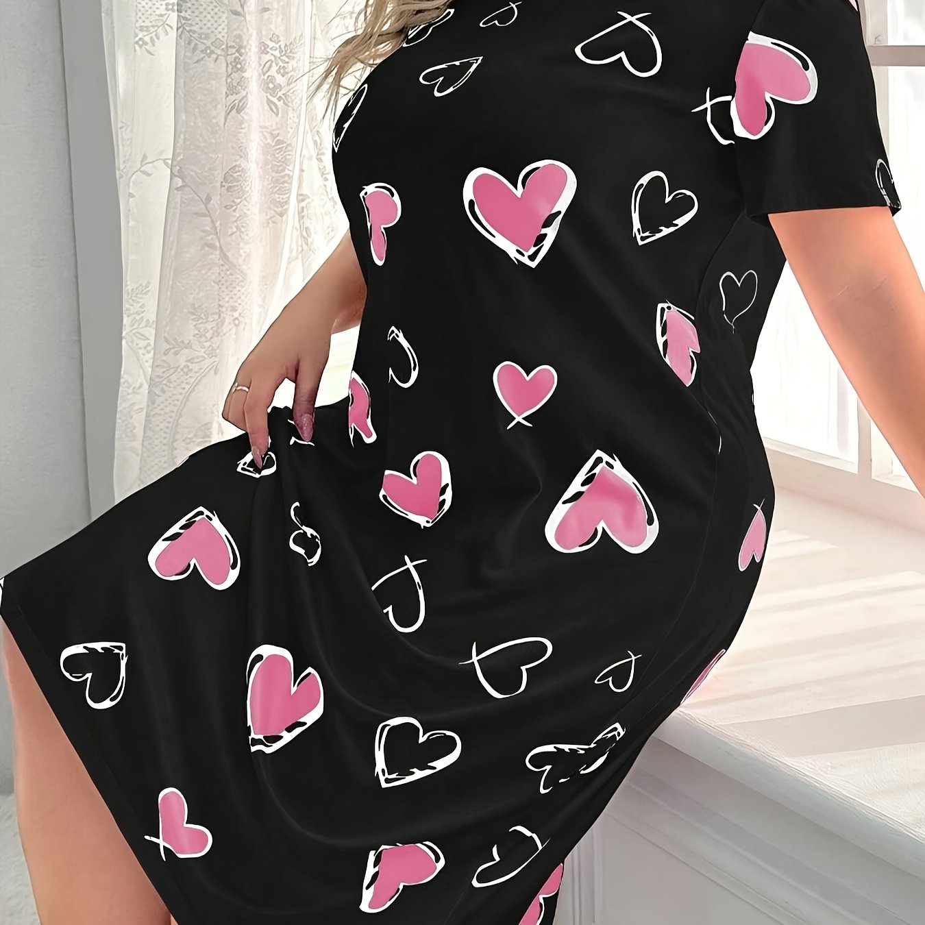 Plus Size Women's Sleep Dress Short Sleeve Heart Print Lounge Wear Pink Red