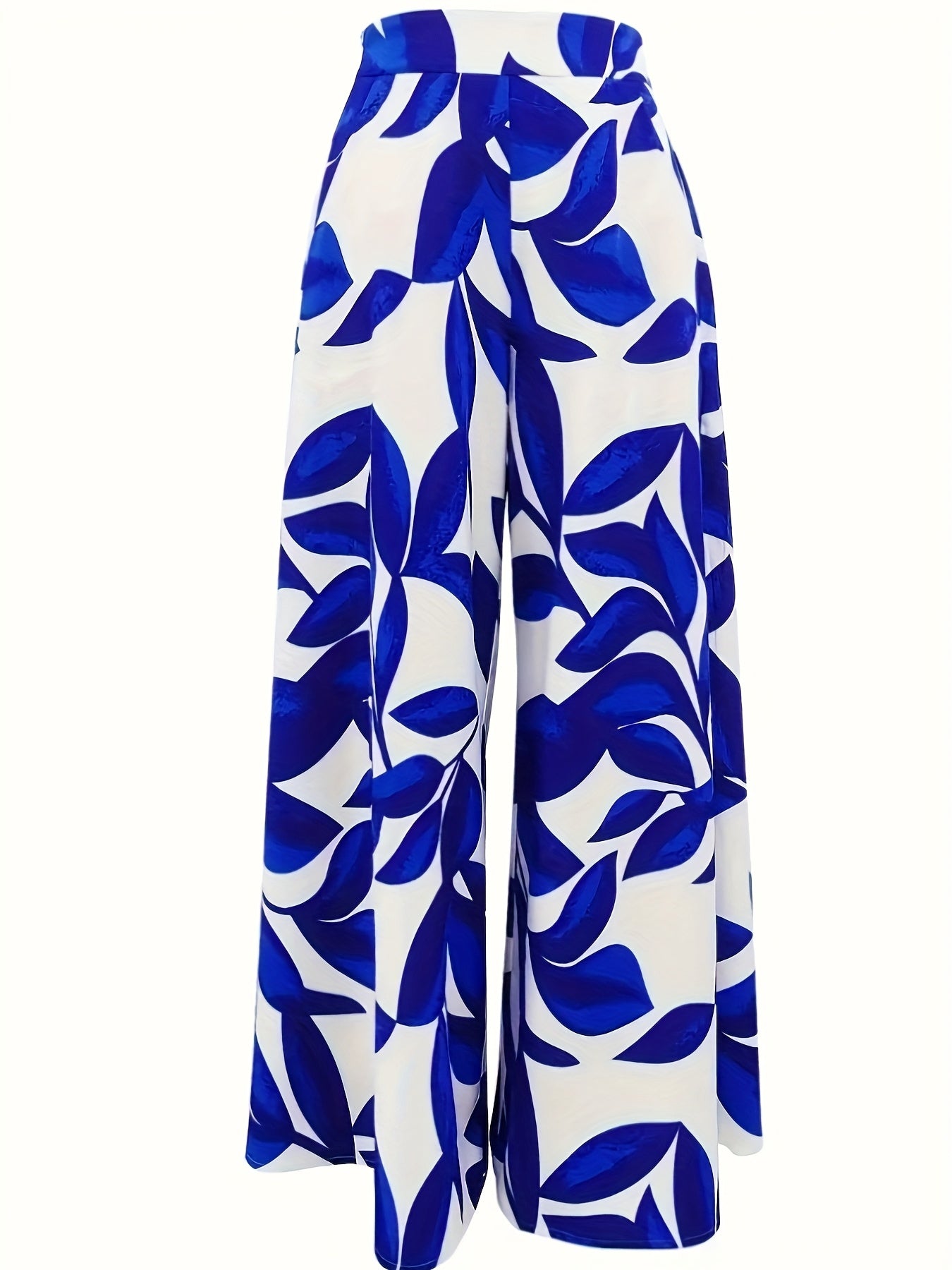 Women’s Polyester Wide Leg Pants with Blue and White Leaf Pattern for Casual or Vacation Wear