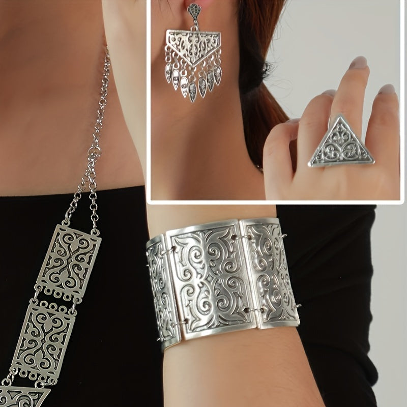 Bohemian Vintage Jewelry Set with Tassel Retro Bracelet Earrings Necklace Ring