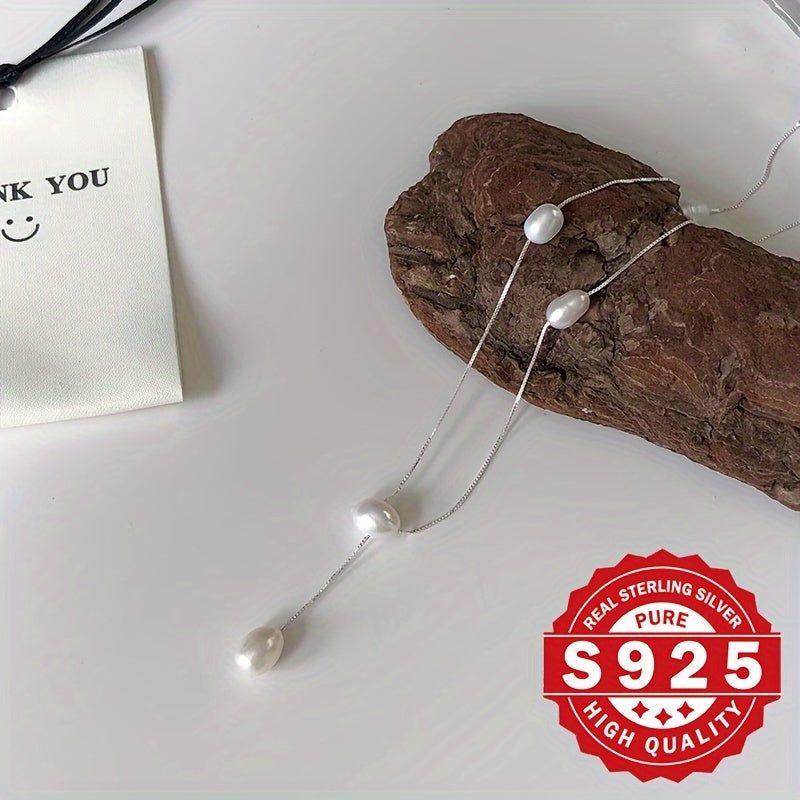 Sterling Silver Y-Shaped Pearl Necklace with Shell Bead Inlay for Women