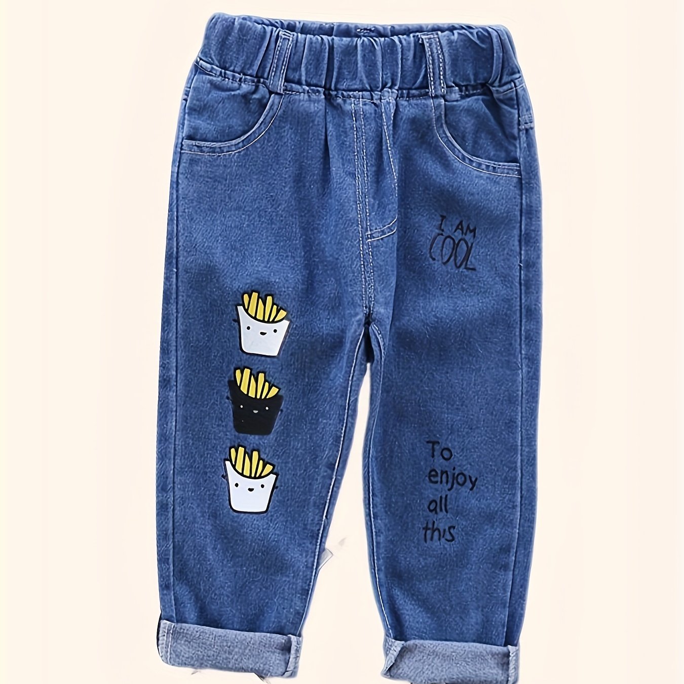 Boys Ripped Denim Jeans All-Season Cartoon Pattern Elastic Waist Straight Fit