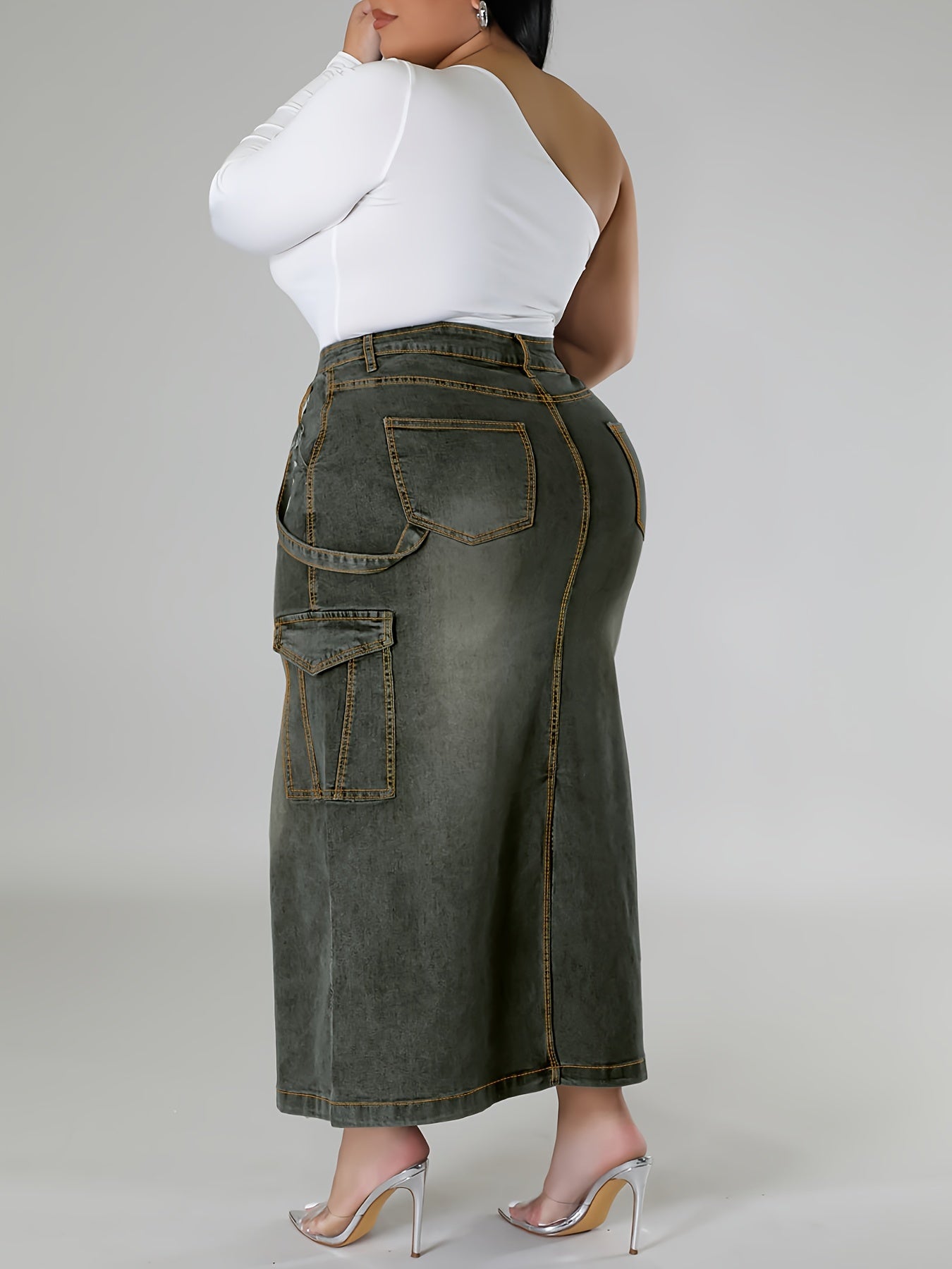 Falda midi de mezclilla lavada de tallas grandes para mujer lavable a máquina