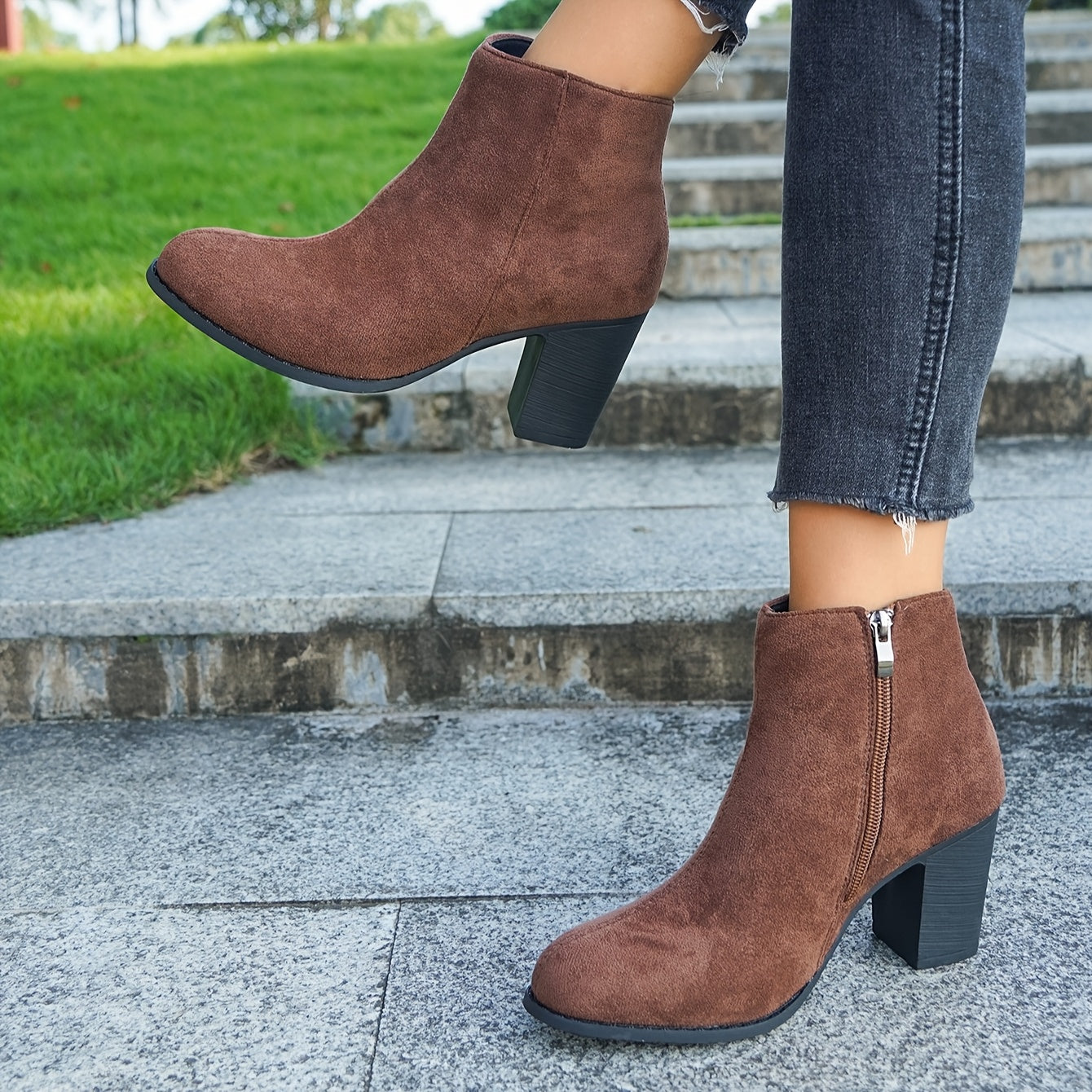 Women's Fabric Ankle Boots Side Zipper Round Toe Block Heel Solid Color