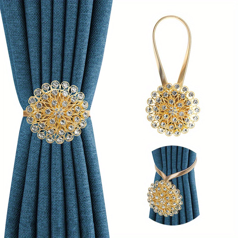 Magnetic Curtain Tieback with Crystal Flower and Elastic Spring Wire for Home Office