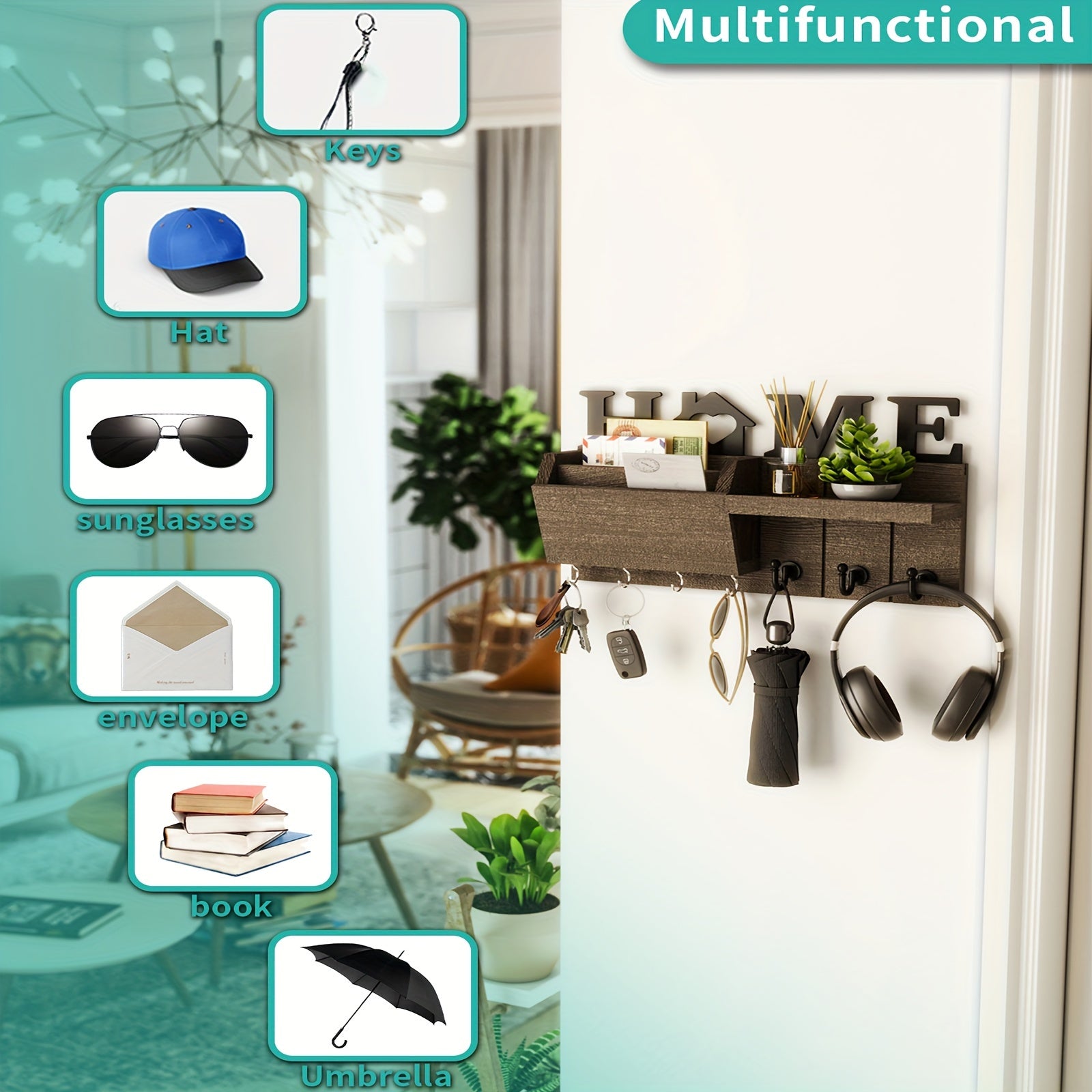 Perchero de pared de madera con 7 ganchos para correo y organizador de adornos decoración del hogar