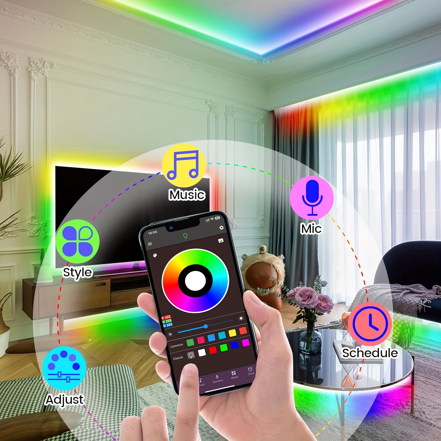 91.44cm RGB LED chiroq chiziqlari bilan masofadan boshqarish ilovasi bilan sozlanadigan yorqinlik uchun yotoqxona va mehmonxona uchun