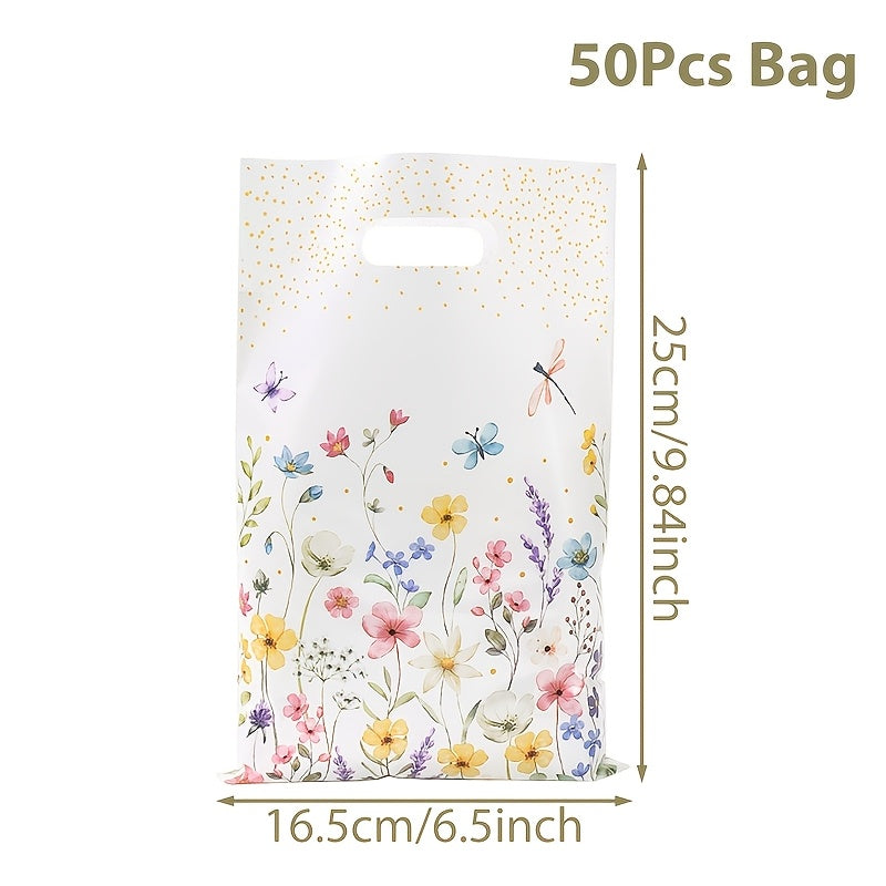 Bolsas de regalo de plástico con diseño de hojas y flores de la temática Wildflowers, set de 10, 25, 50, con asa de punzón