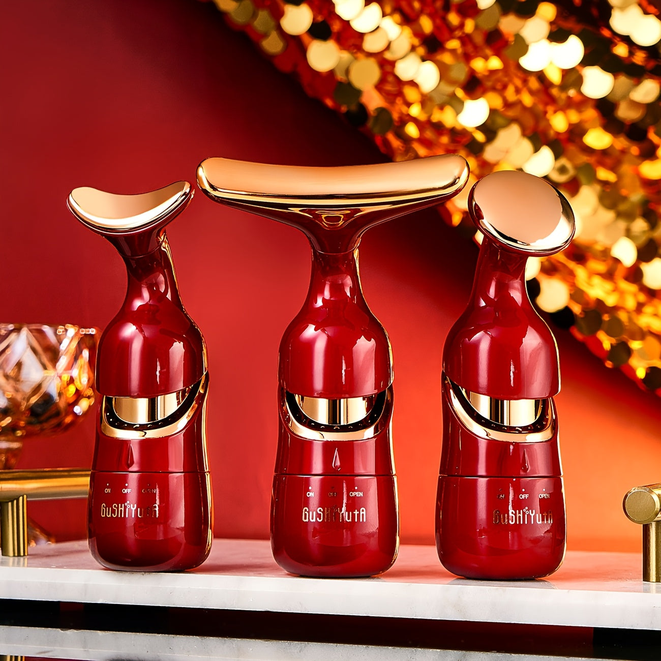 3-in-1 yuz, ko'z va bo'yin massajeri, issiqlik bilan, portativ batareyali, qizil oltin