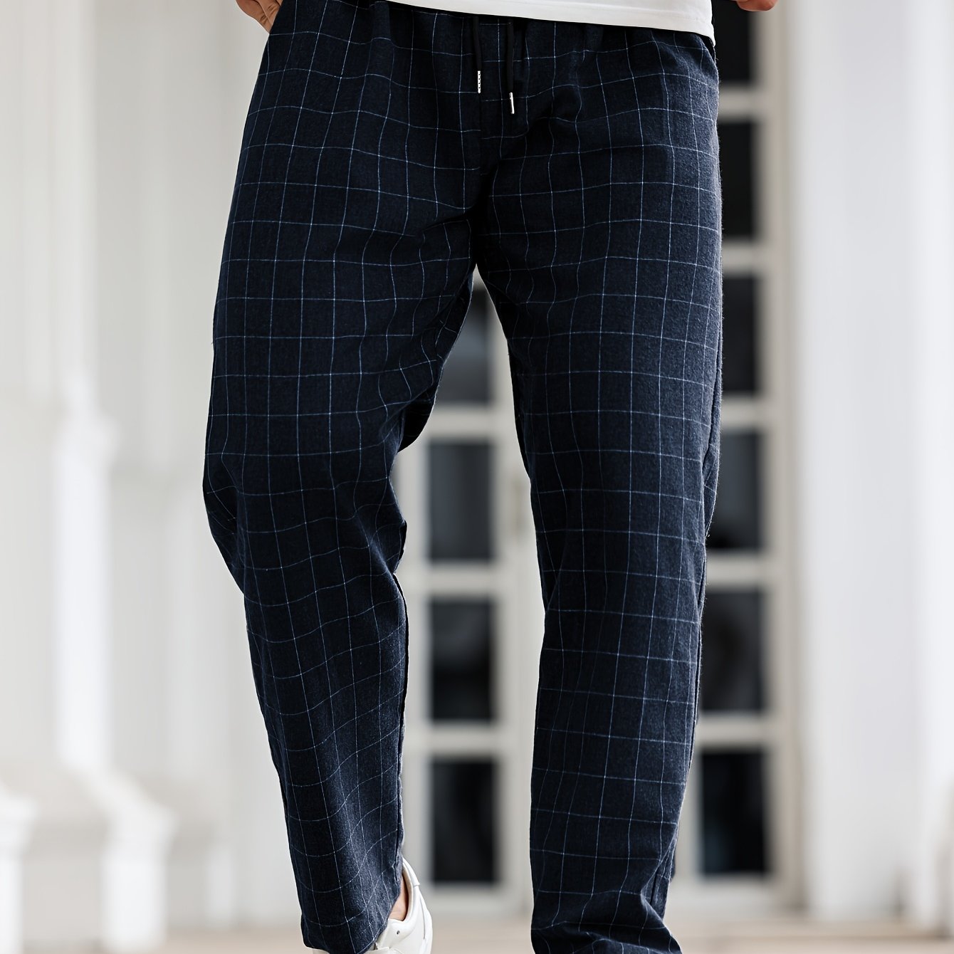 Men's Black and White Plaid Sleep Pants with Drawstring Polyester Lounge Casual