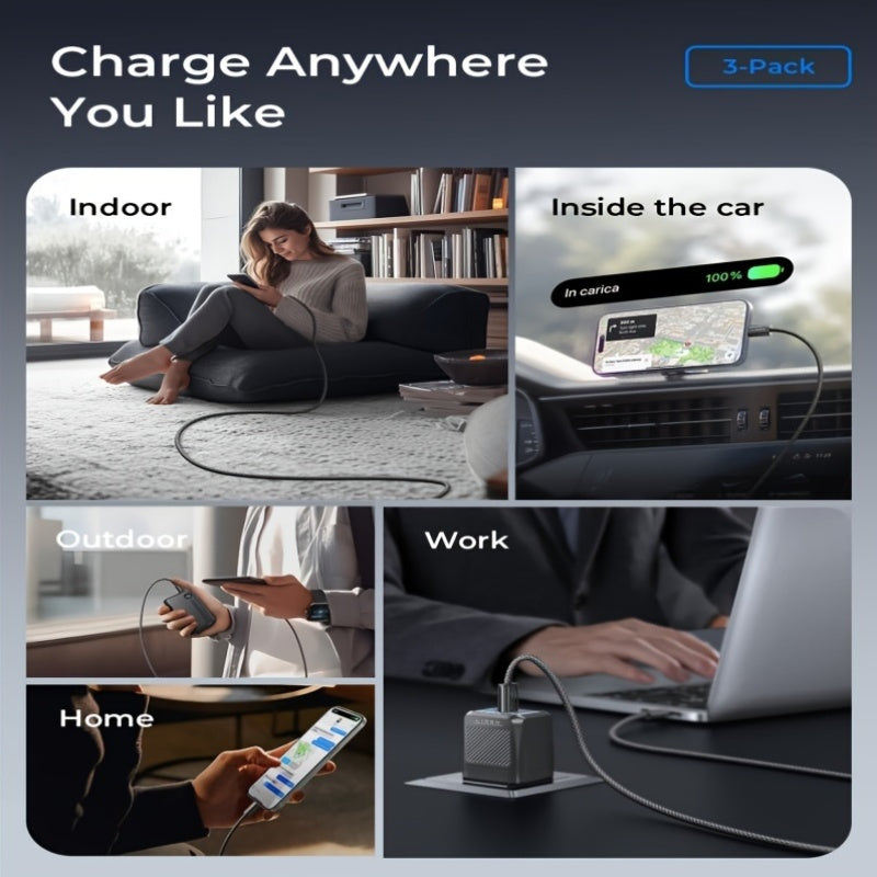 3-Pack USB C to C Cable 240W Fast Charging Nylon Glossy Finish Data Sync