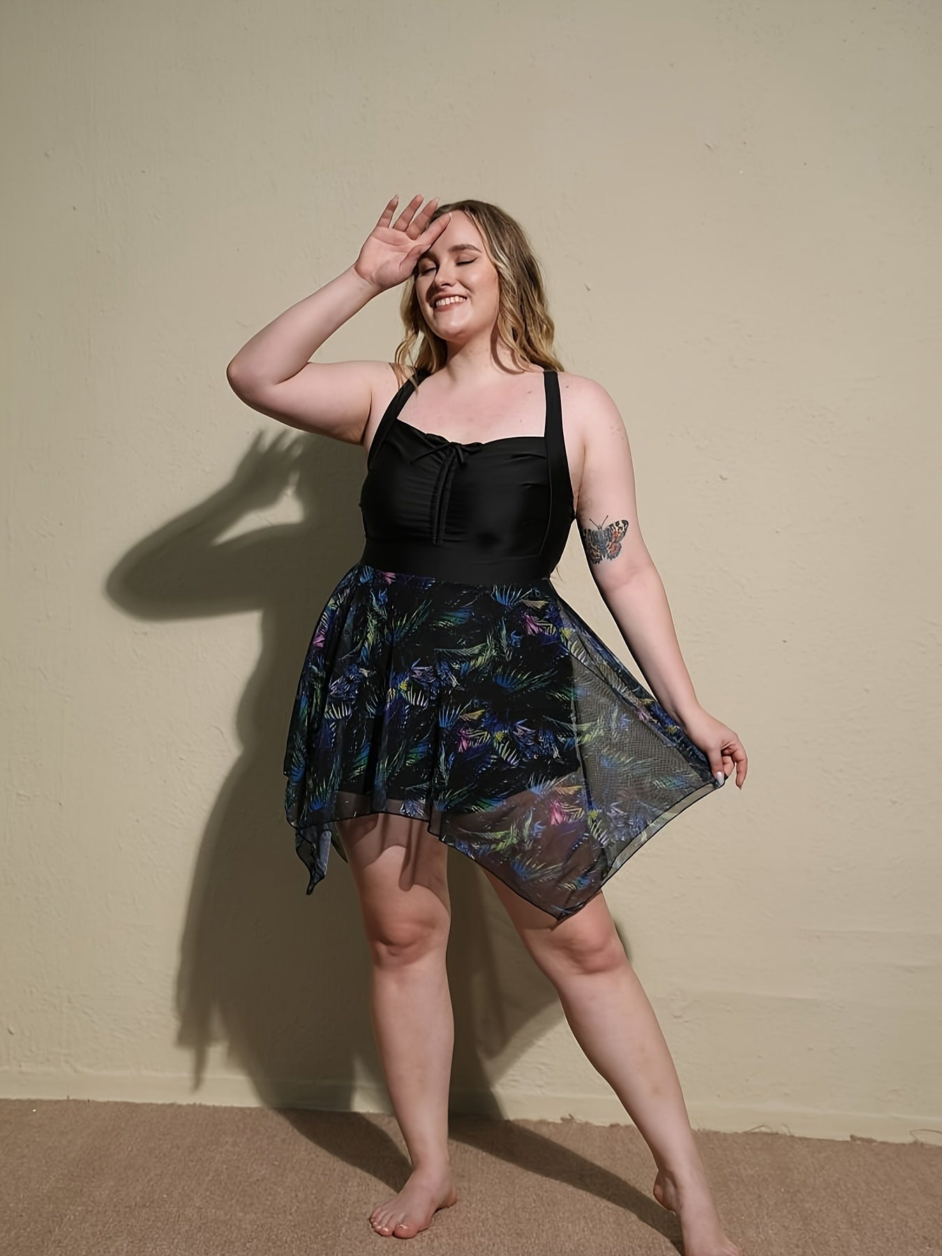 Plus Size Lace-Up Front Skirted Swimsuit with Removable Padding and Contrast Mesh