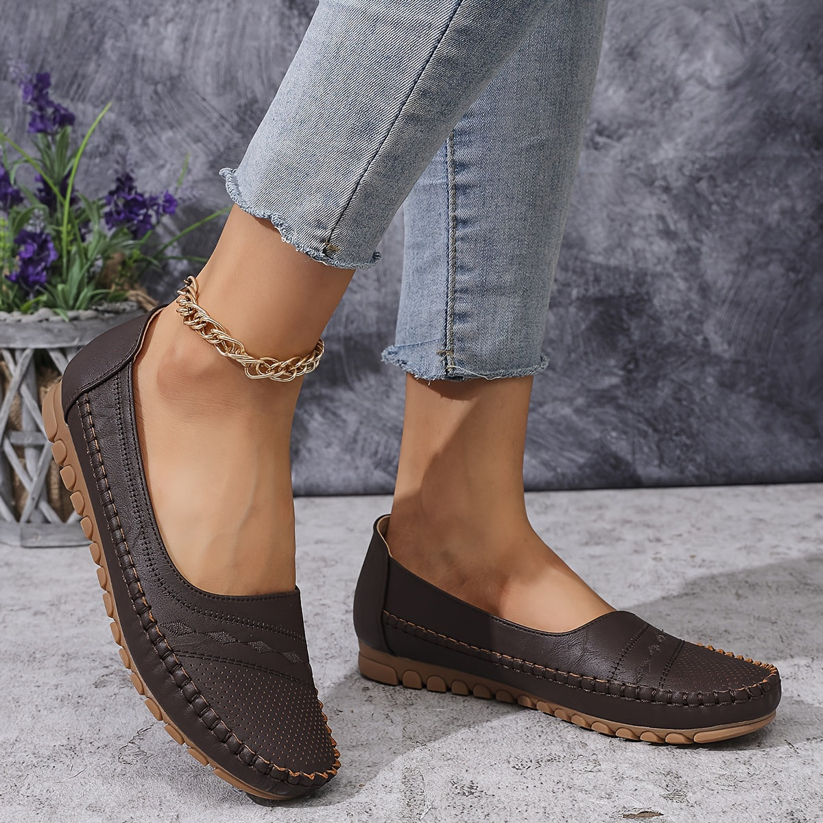 Zarif kattalar o'lchamidagi ayollar uchun loaferlar - tikuvli naqsh bilan qulay slip-on, yumshoq taglik, ko'p maqsadli rang, barcha mavsumlar uchun yengil.